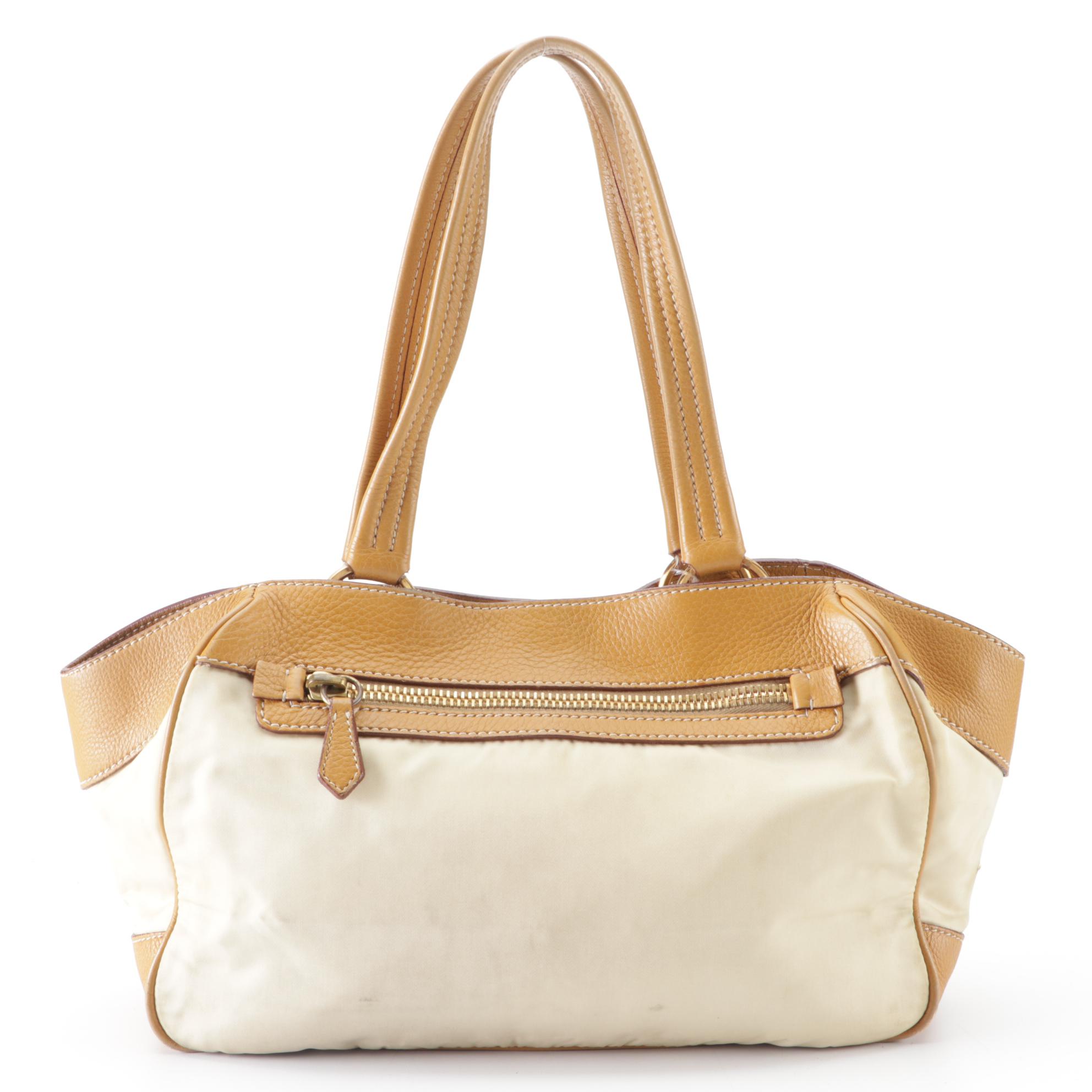 Prada Small Shoulder Tote Bag in Beige Nylon Gabardine and Tan Leather