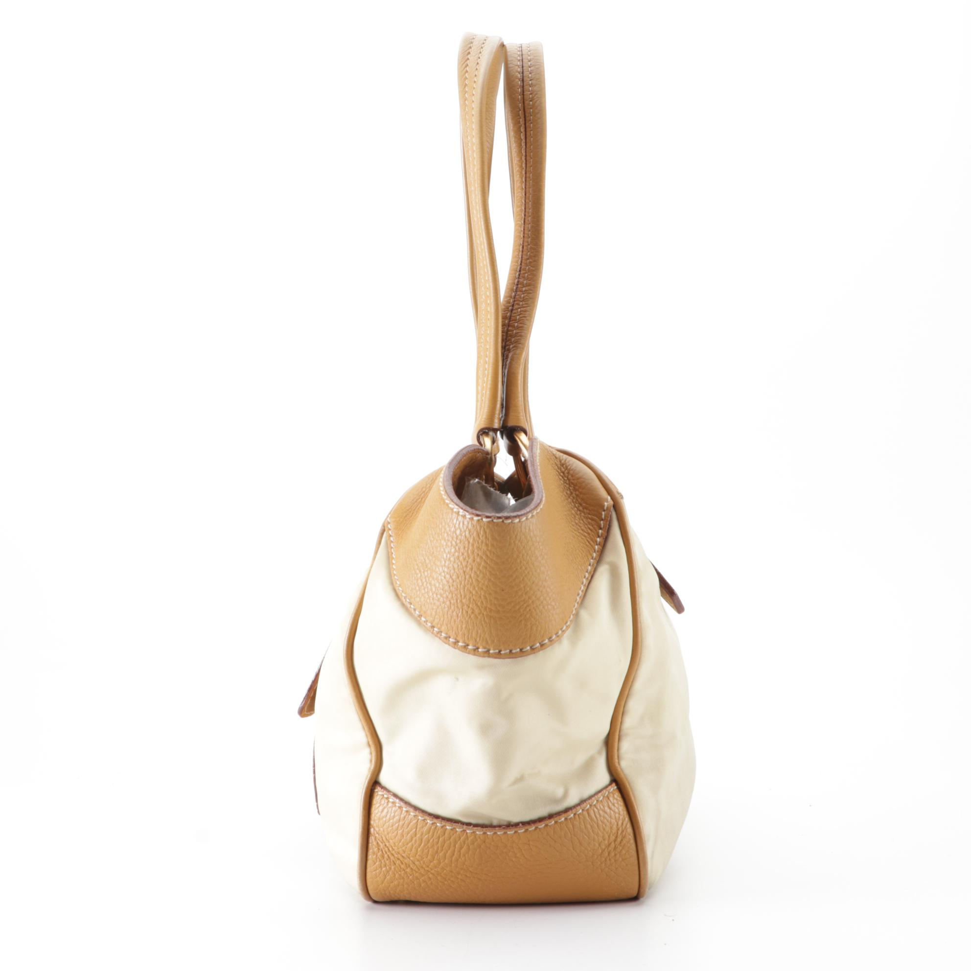 Prada Small Shoulder Tote Bag in Beige Nylon Gabardine and Tan Leather