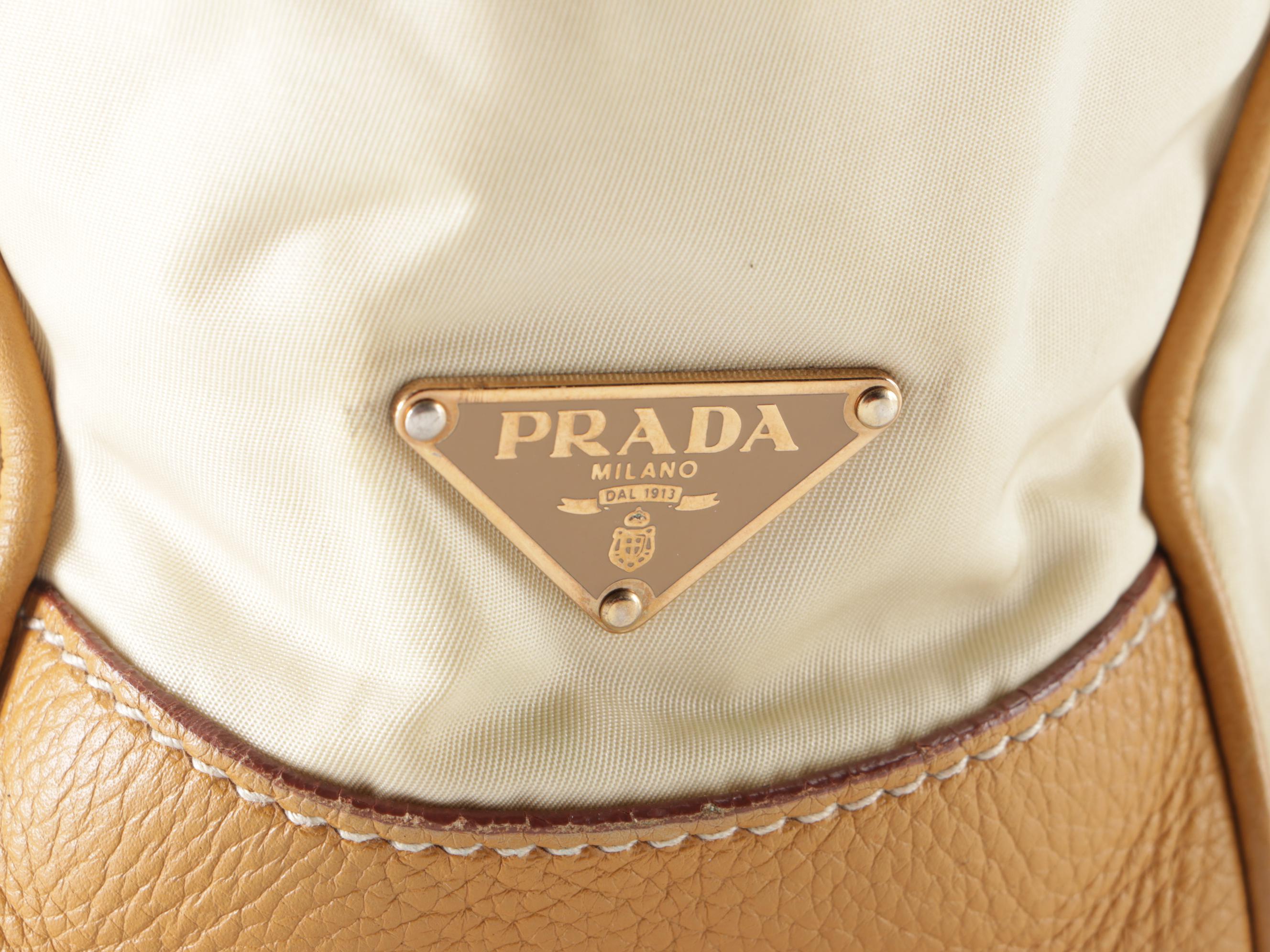 Prada Small Shoulder Tote Bag in Beige Nylon Gabardine and Tan Leather