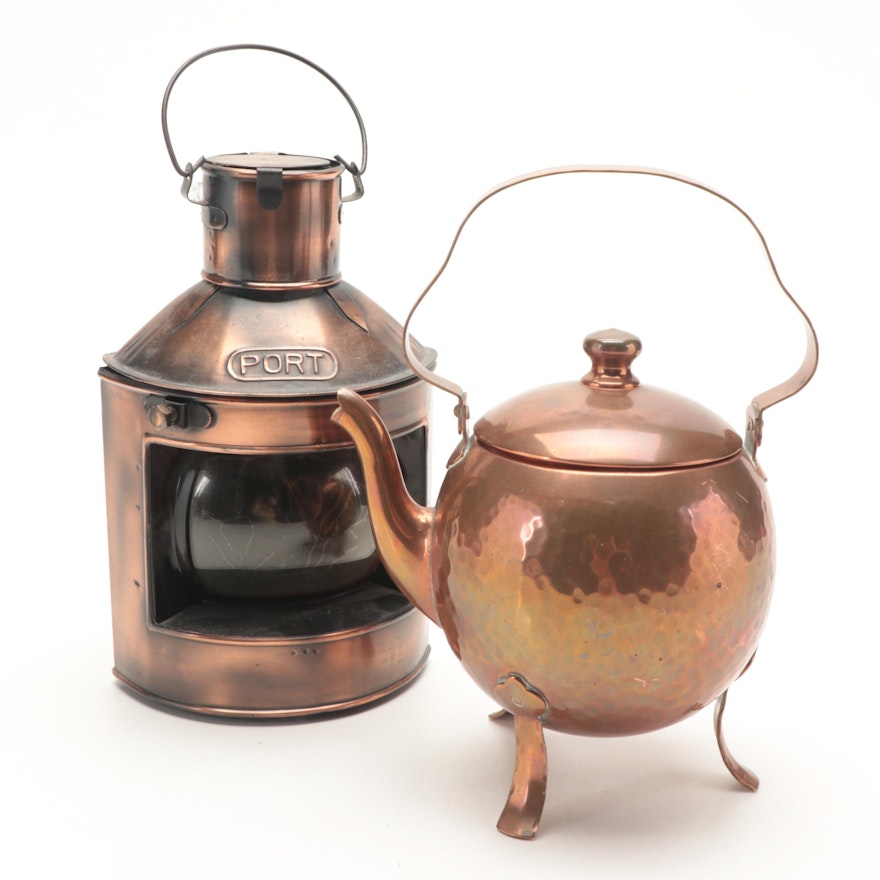 Port Copper Lantern and Hammered Copper Tea Kettle