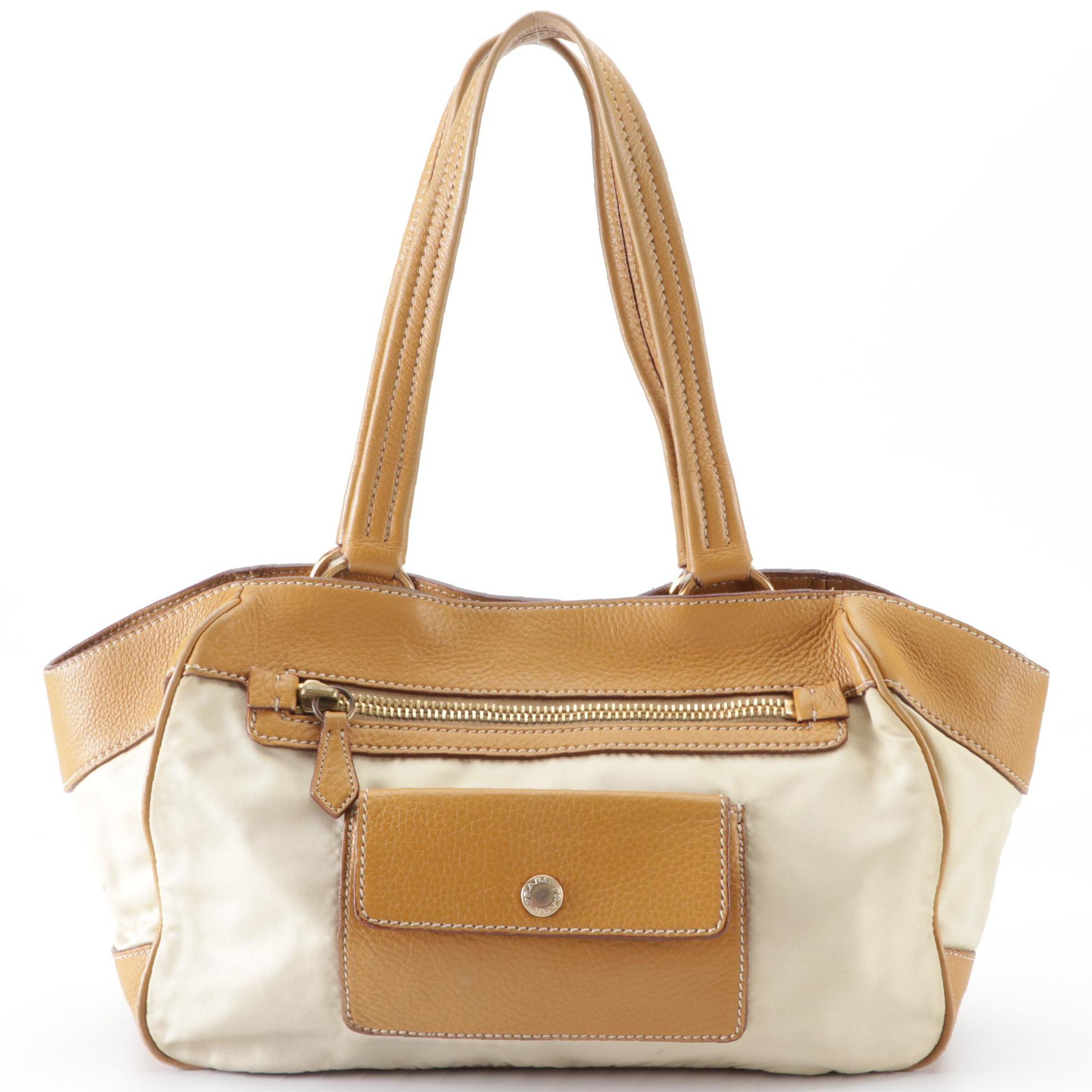 Prada Small Shoulder Tote Bag in Beige Nylon Gabardine and Tan Leather