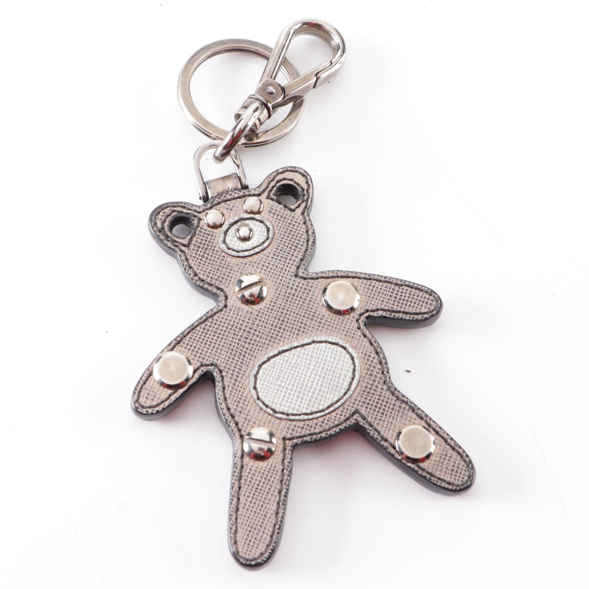 Prada Bear Keychain/Bag Charm in Metallic Saffiano Leather with Box