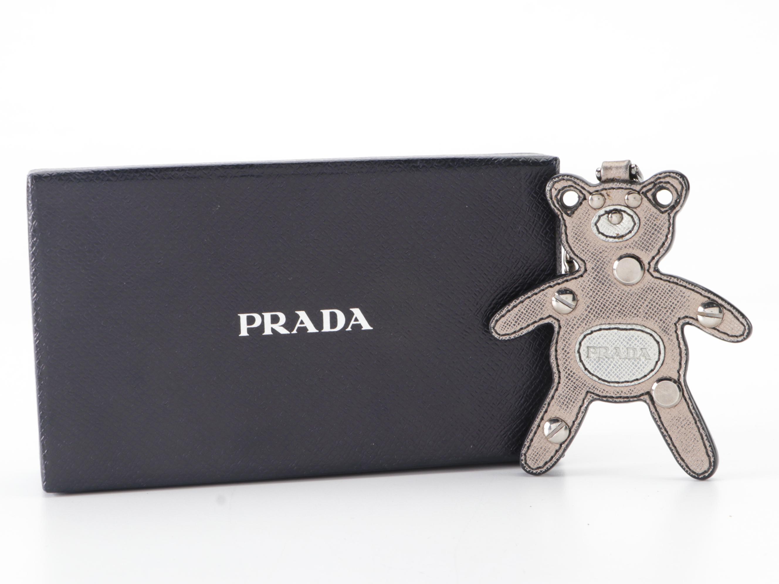 Prada Bear Keychain/Bag Charm in Metallic Saffiano Leather with Box