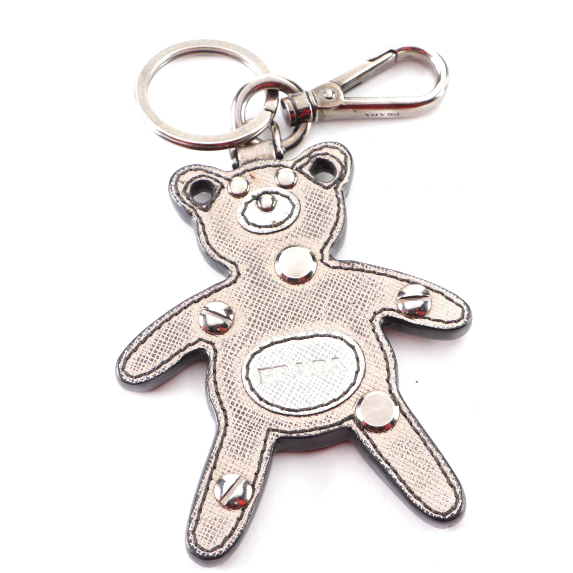 Prada Bear Keychain/Bag Charm in Metallic Saffiano Leather with Box