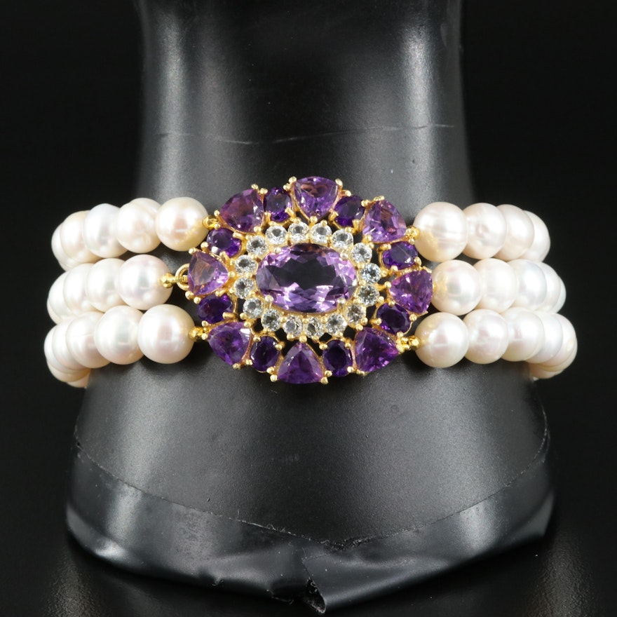 Sterling Amethyst and Topaz Pendant on Triple Strand Pearl Bracelet