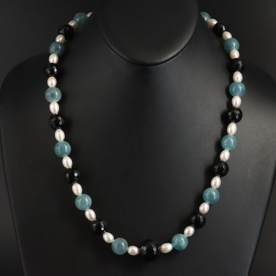 Black Onyx, Pearl and Quartz Bead Necklace with Sterling Clasp