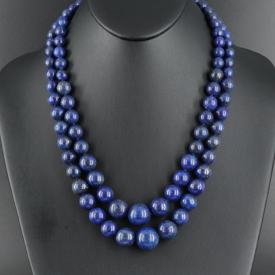 Tiered Two Strand Graduated Lapis Lazuli Necklace with 14K Clasp