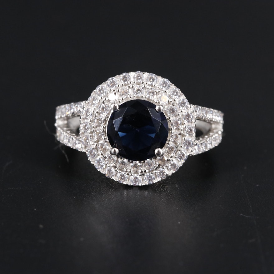 Sterling Silver Sapphire and Cubic Zirconia Ring