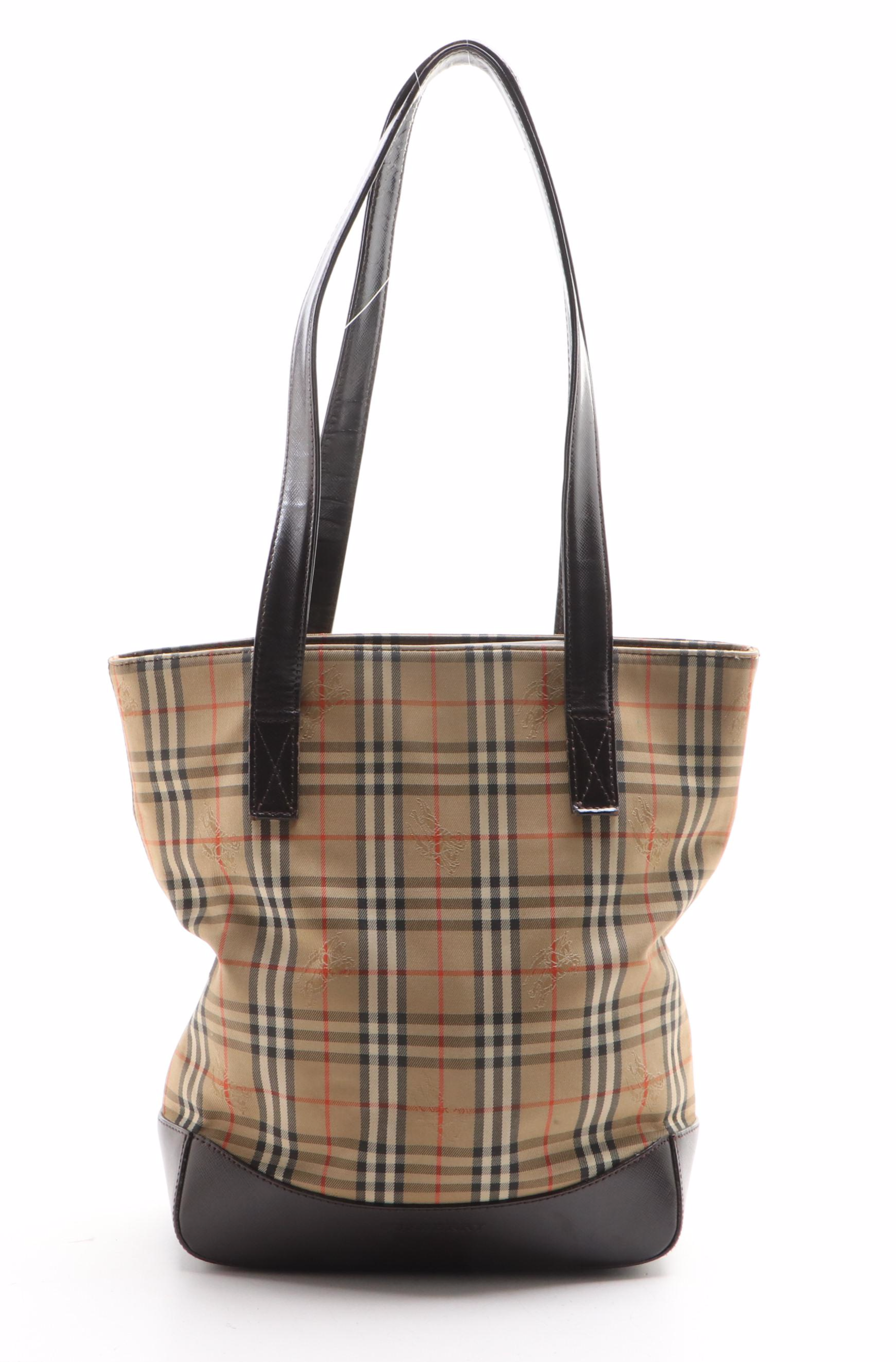 Burberry Small Shoulder Tote in Haymarket Check Twill and Brown Saffiano Leather