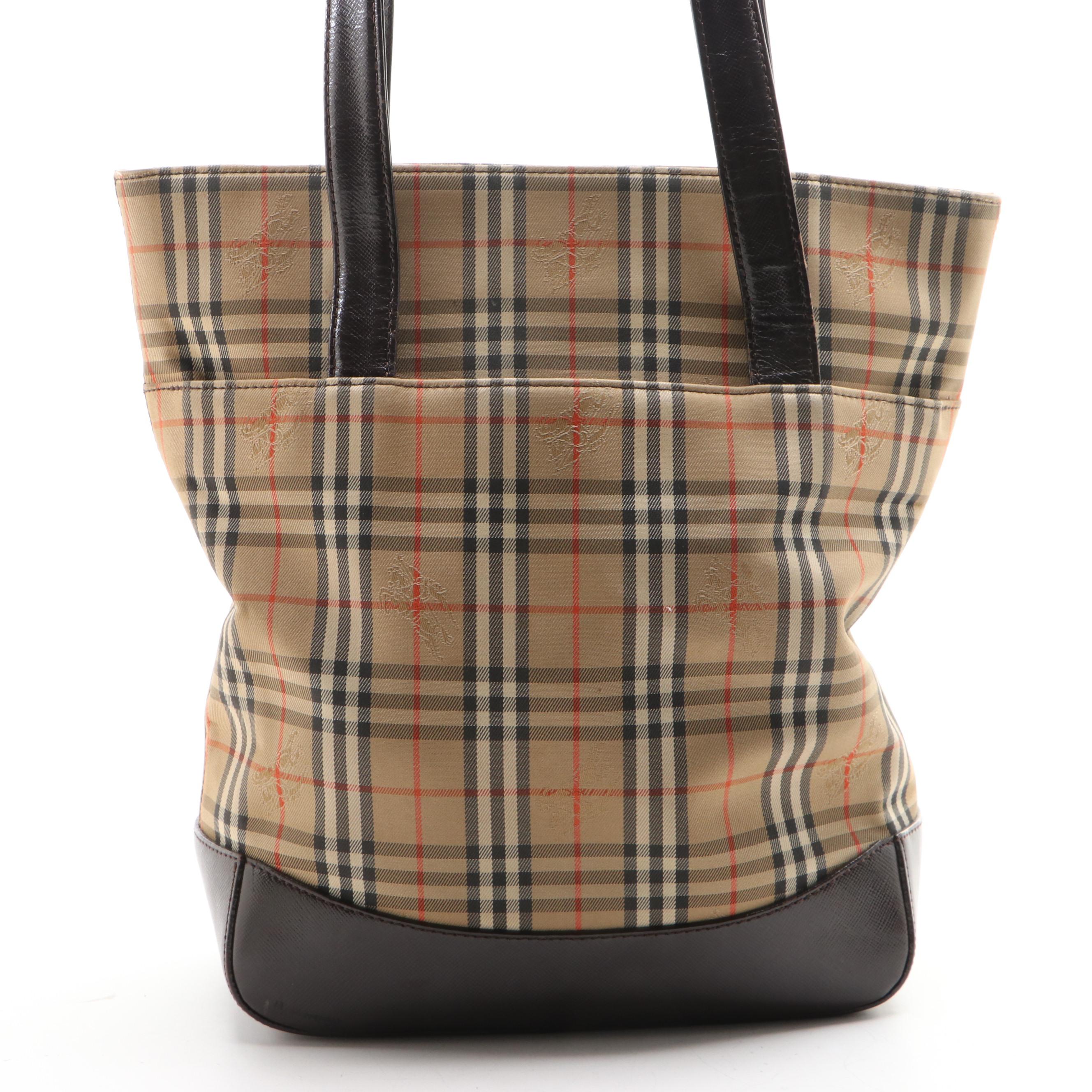 Burberry Small Shoulder Tote in Haymarket Check Twill and Brown Saffiano Leather