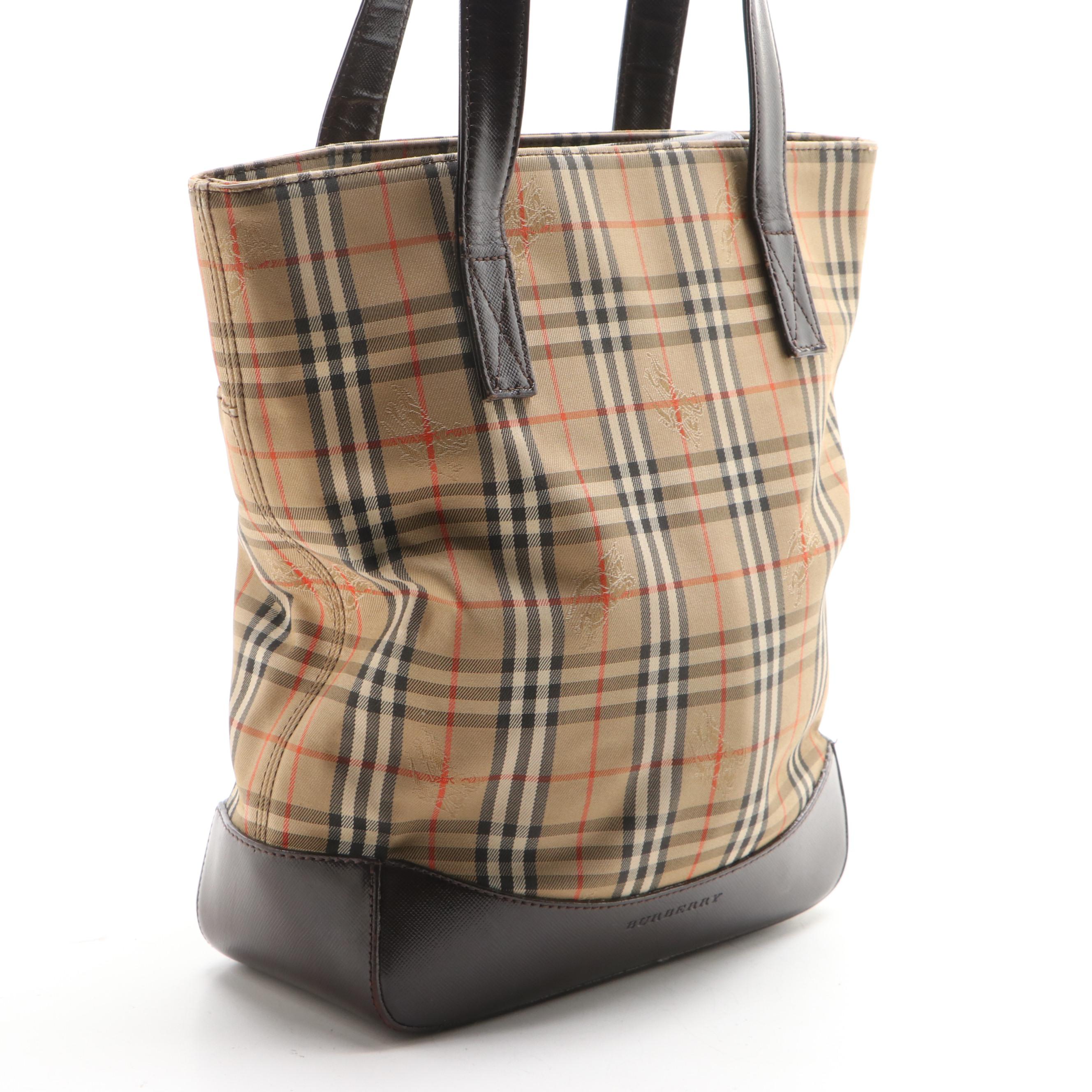 Burberry Small Shoulder Tote in Haymarket Check Twill and Brown Saffiano Leather