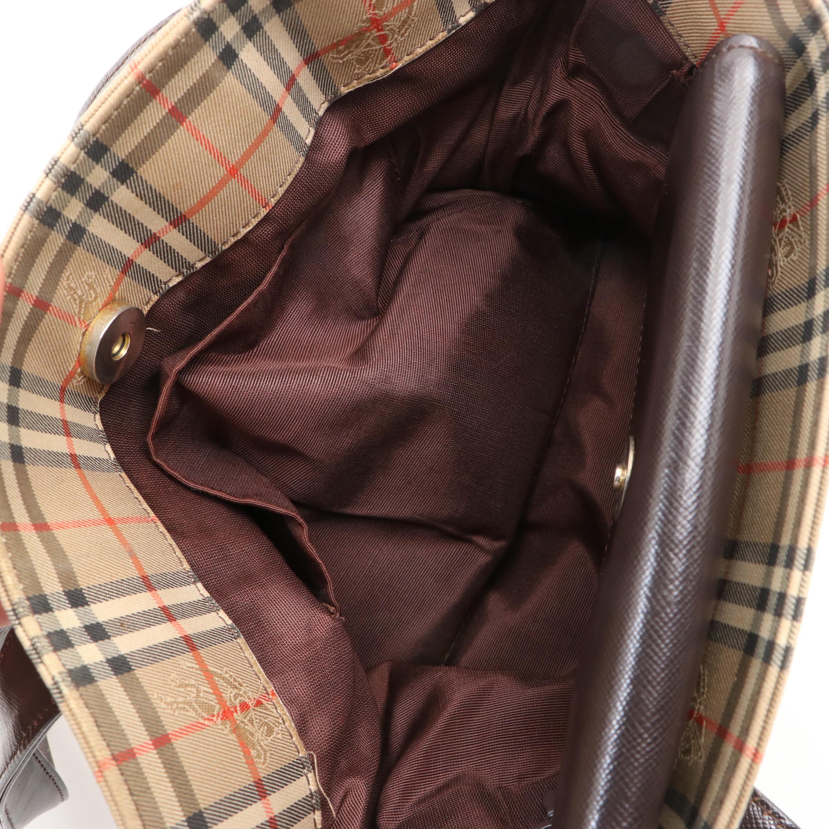 Burberry Small Shoulder Tote in Haymarket Check Twill and Brown Saffiano Leather