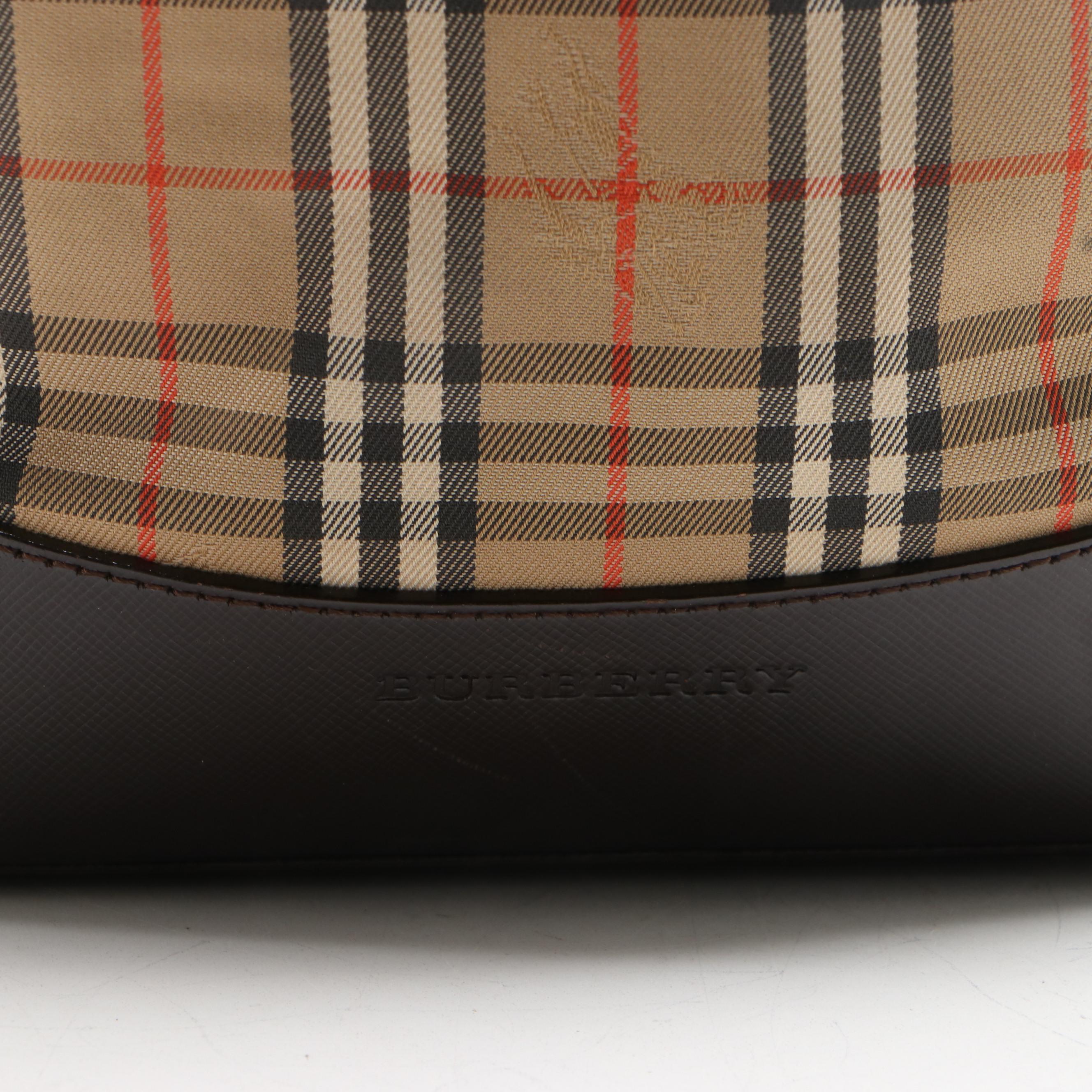 Burberry Small Shoulder Tote in Haymarket Check Twill and Brown Saffiano Leather