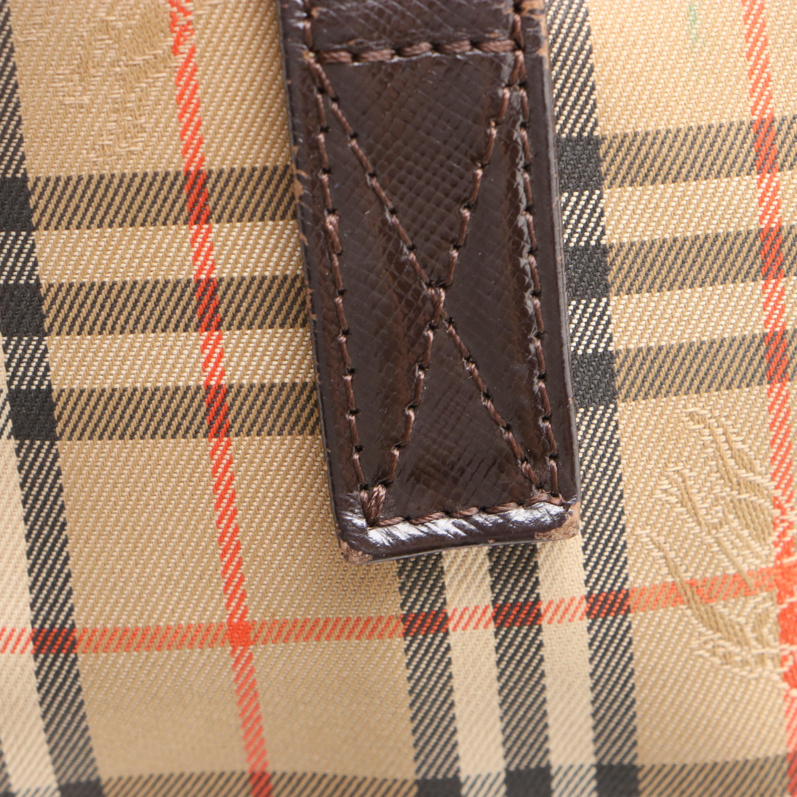 Burberry Small Shoulder Tote in Haymarket Check Twill and Brown Saffiano Leather