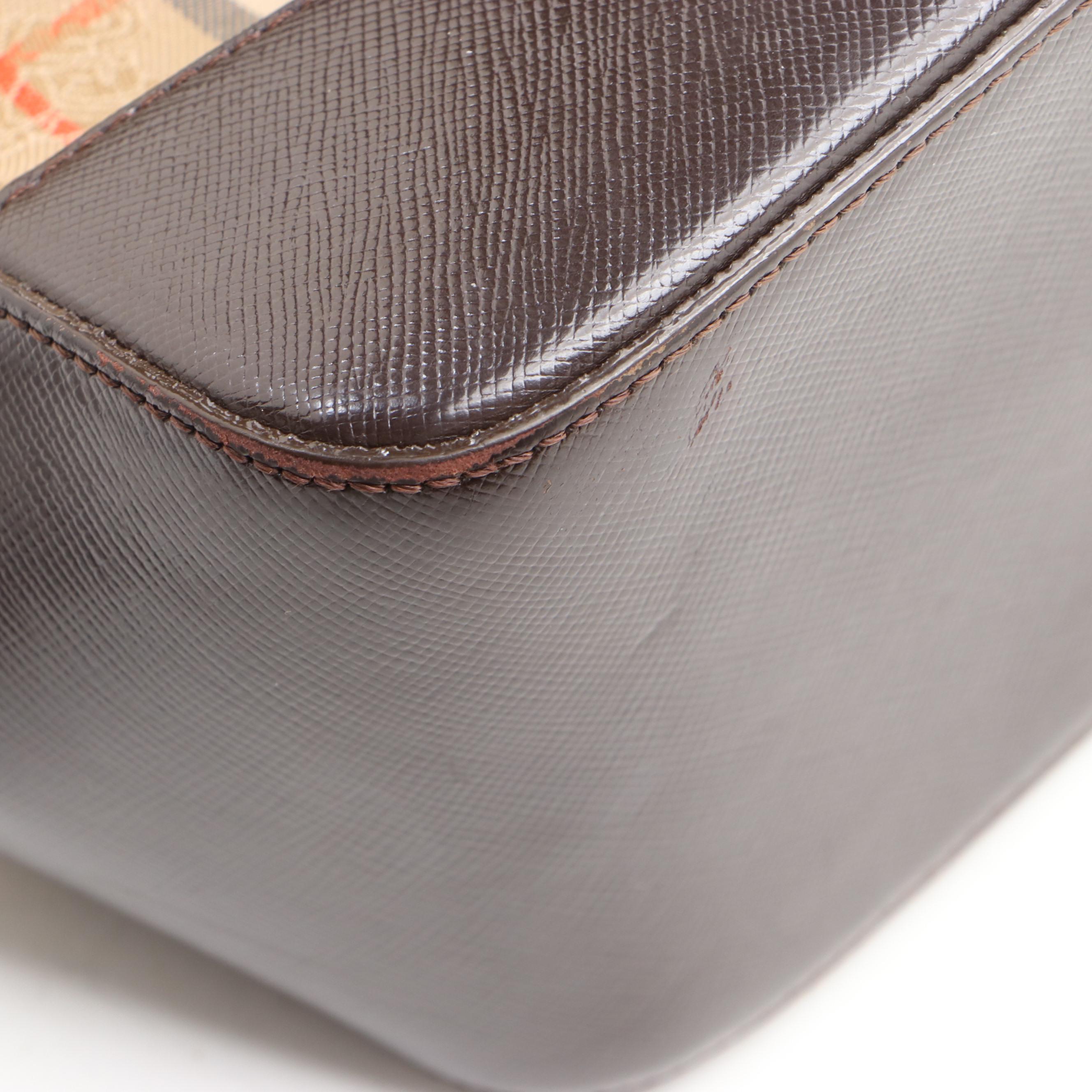 Burberry Small Shoulder Tote in Haymarket Check Twill and Brown Saffiano Leather