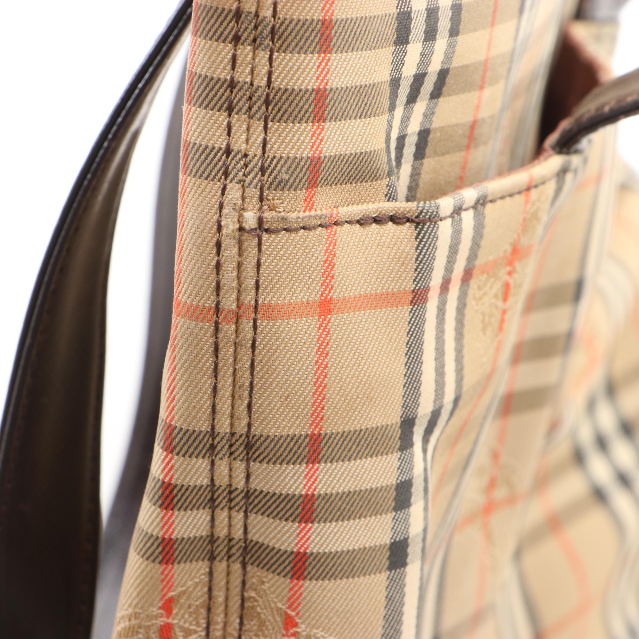 Burberry Small Shoulder Tote in Haymarket Check Twill and Brown Saffiano Leather