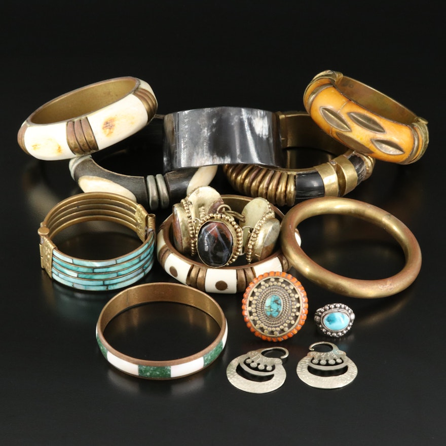 Assorted Bangles with Rings and Earrings Including Sterling, Agate and Coral