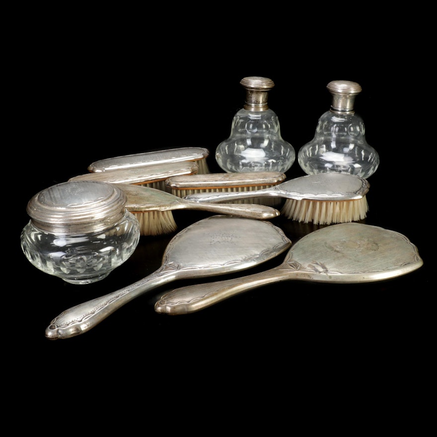 800 Silver Brushes, Hand Mirrors, Crystal Bottles, and Jar, Late 19th Century