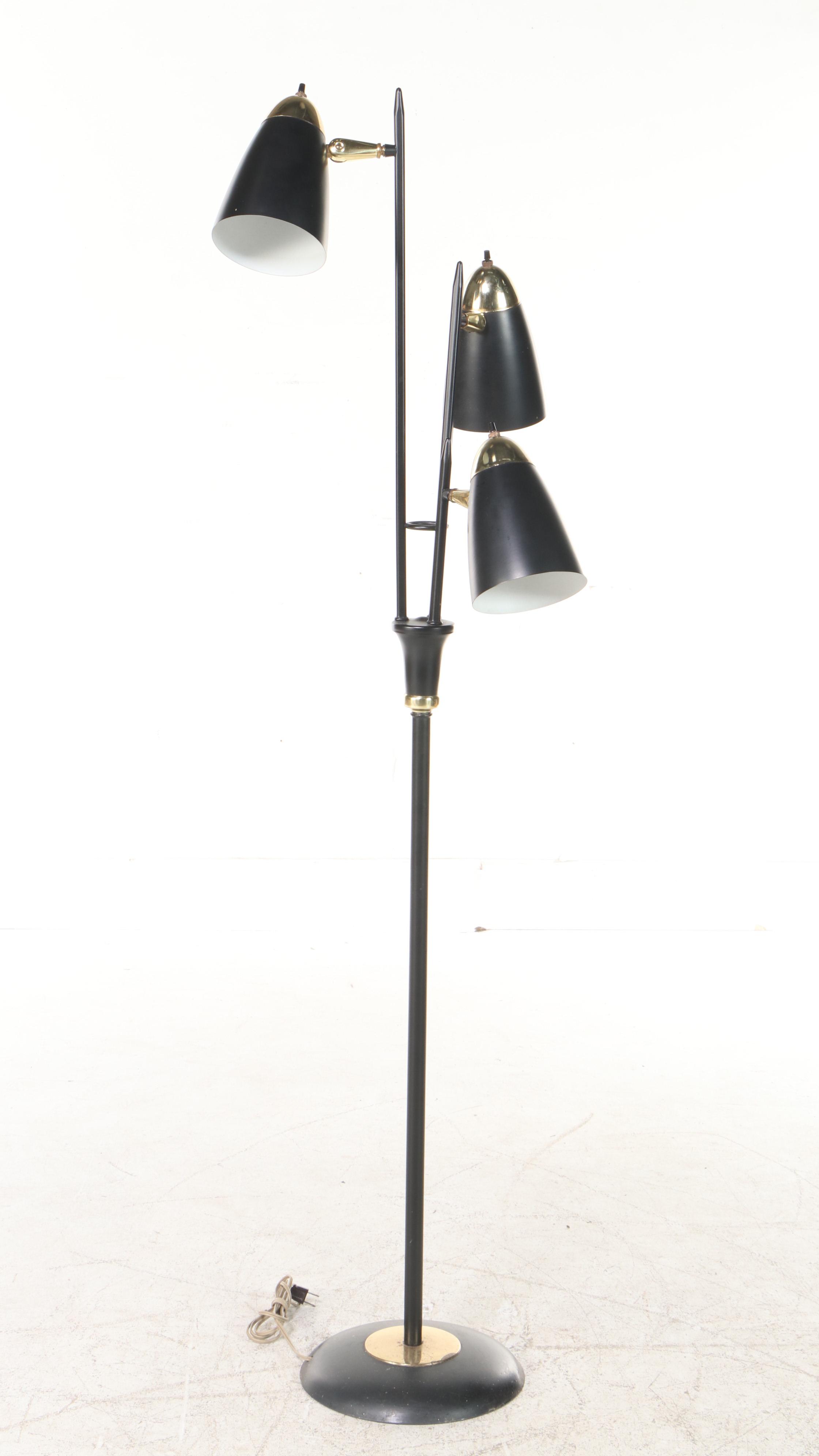 Mid Century Modern Black and Brass Three-Arm Floor Lamp, Mid-20th C