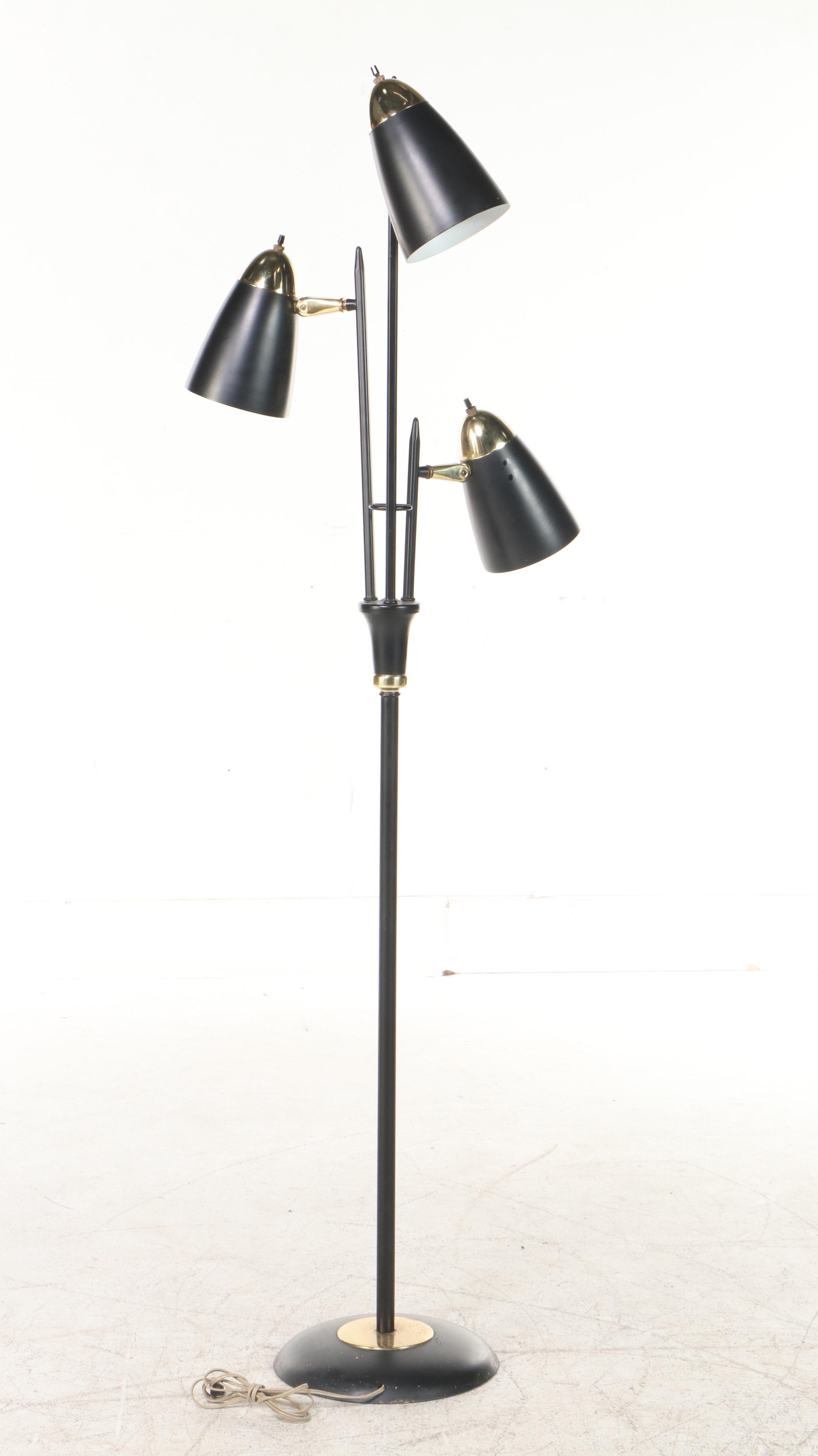 Mid Century Modern Black and Brass Three-Arm Floor Lamp, Mid-20th C