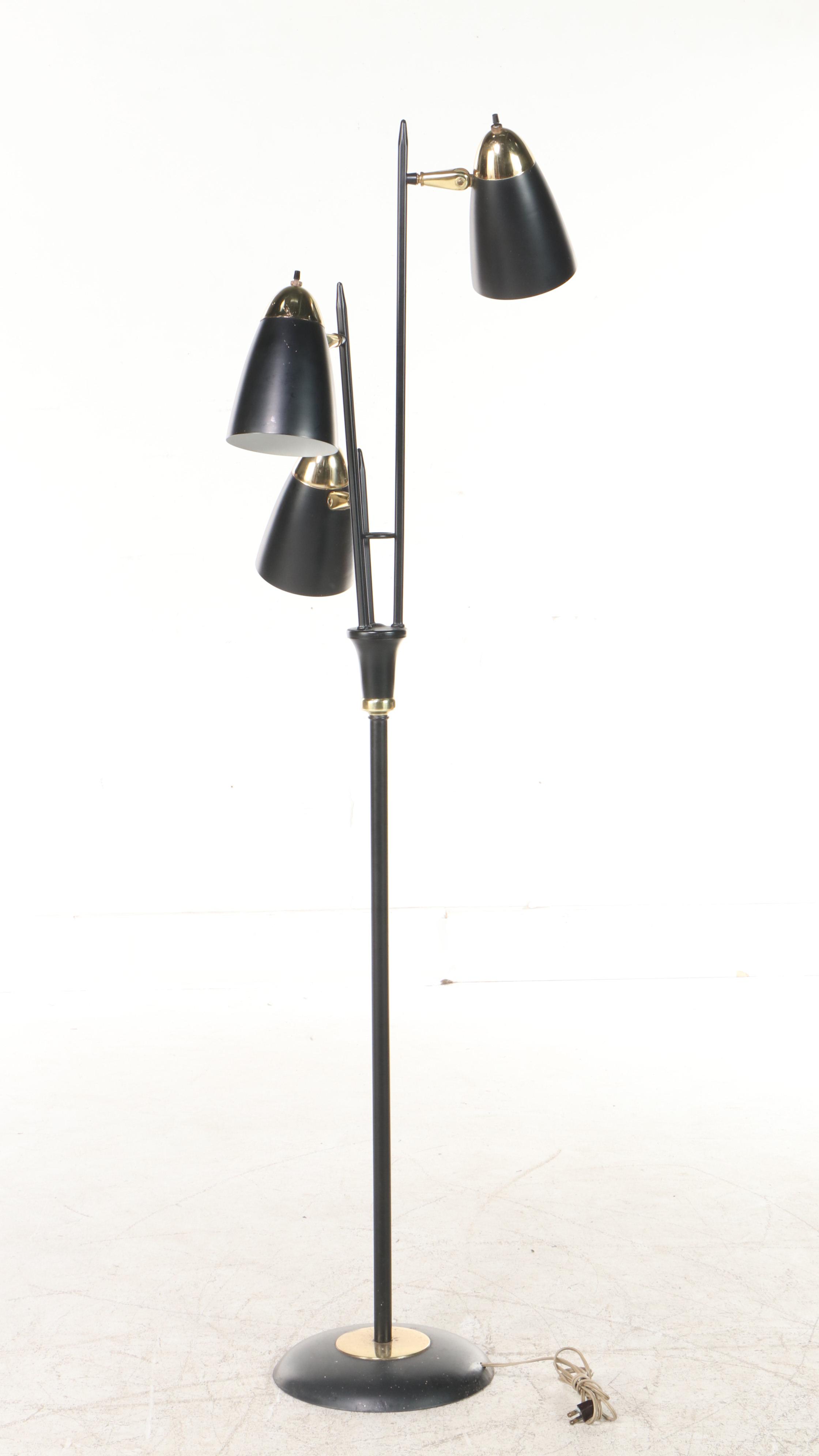 Mid Century Modern Black and Brass Three-Arm Floor Lamp, Mid-20th C