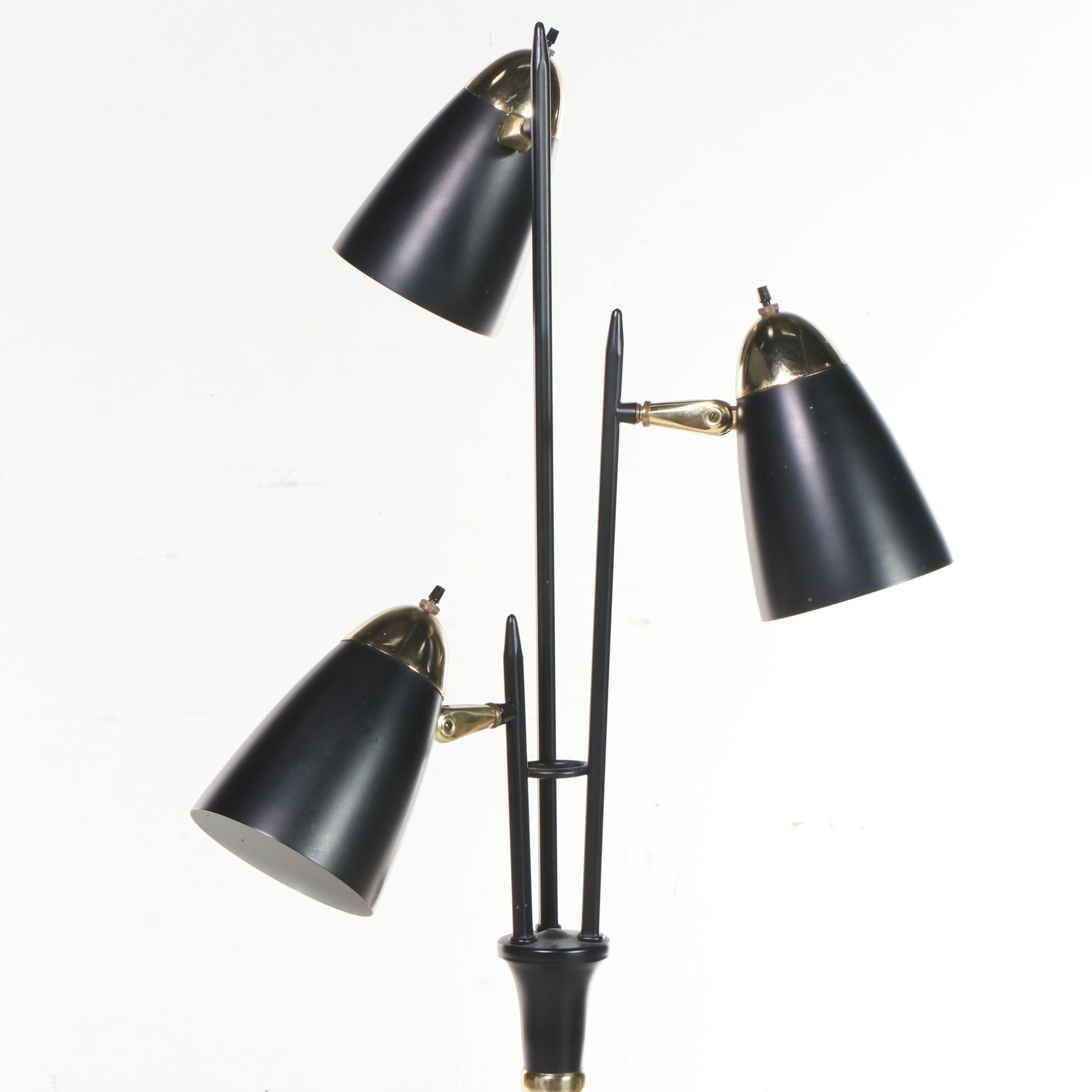 Mid Century Modern Black and Brass Three-Arm Floor Lamp, Mid-20th C