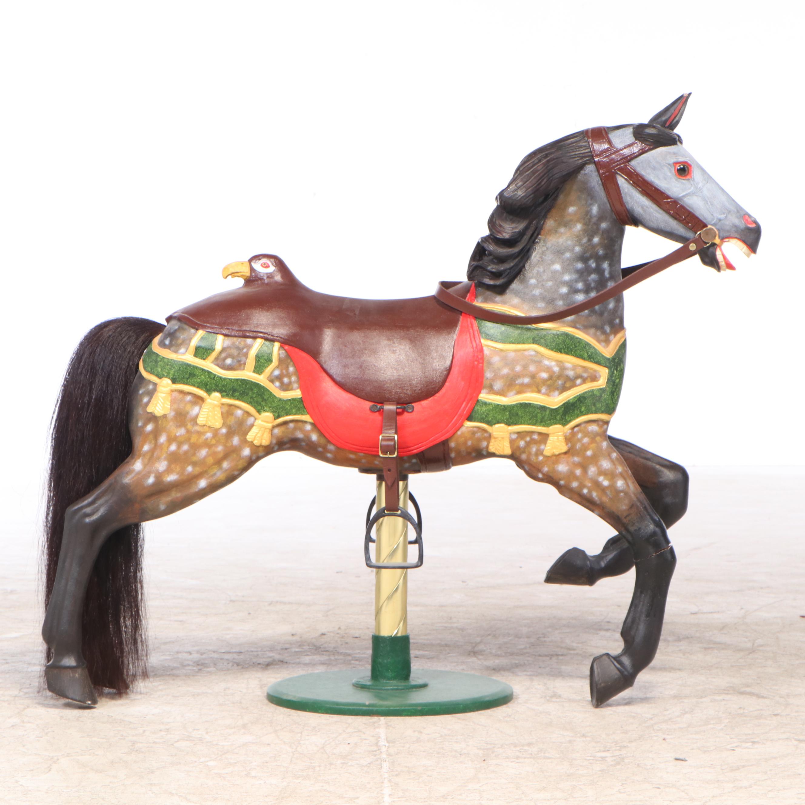 Carved and Painted Wooden Carousel Horse on Brass Pole Stand