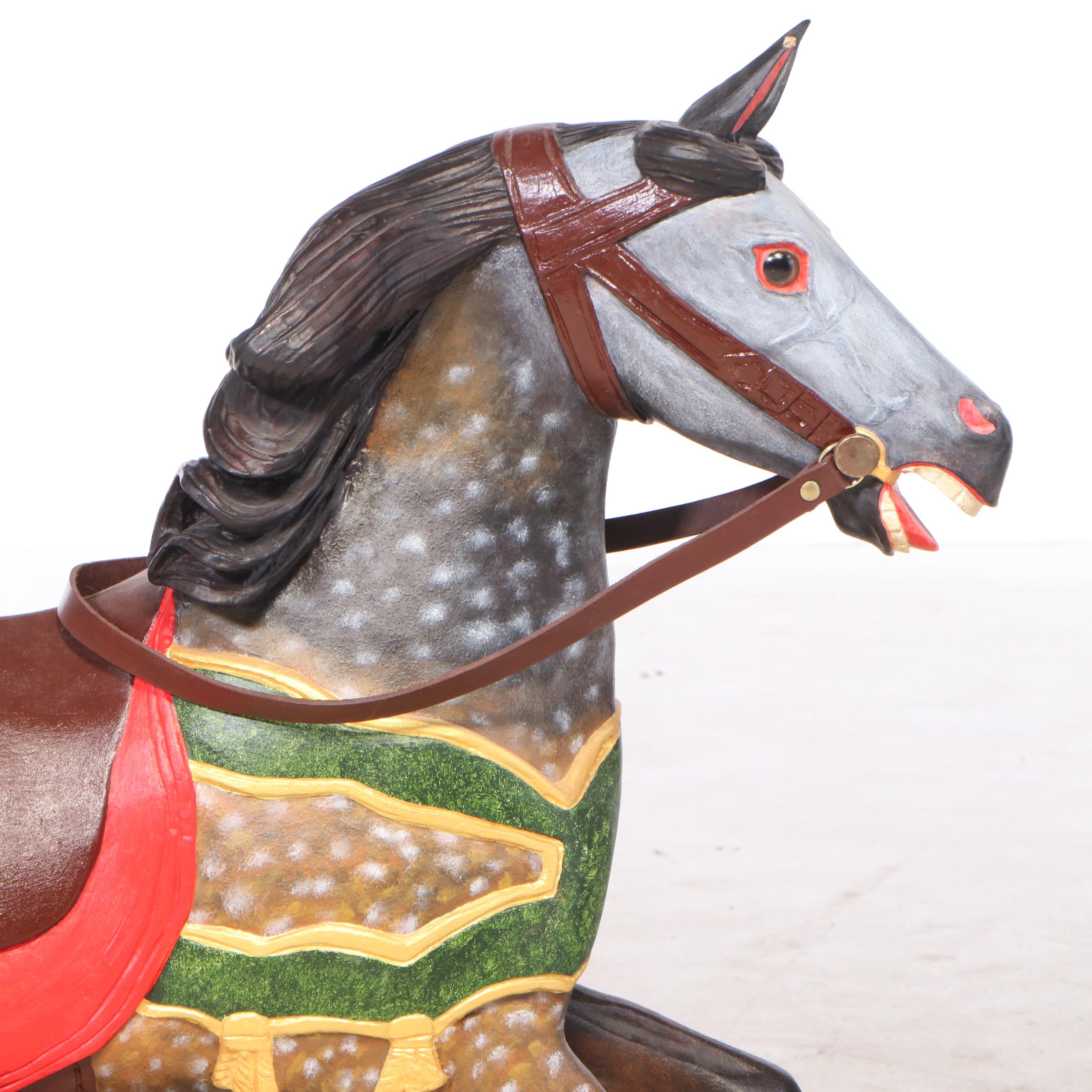 Carved and Painted Wooden Carousel Horse on Brass Pole Stand