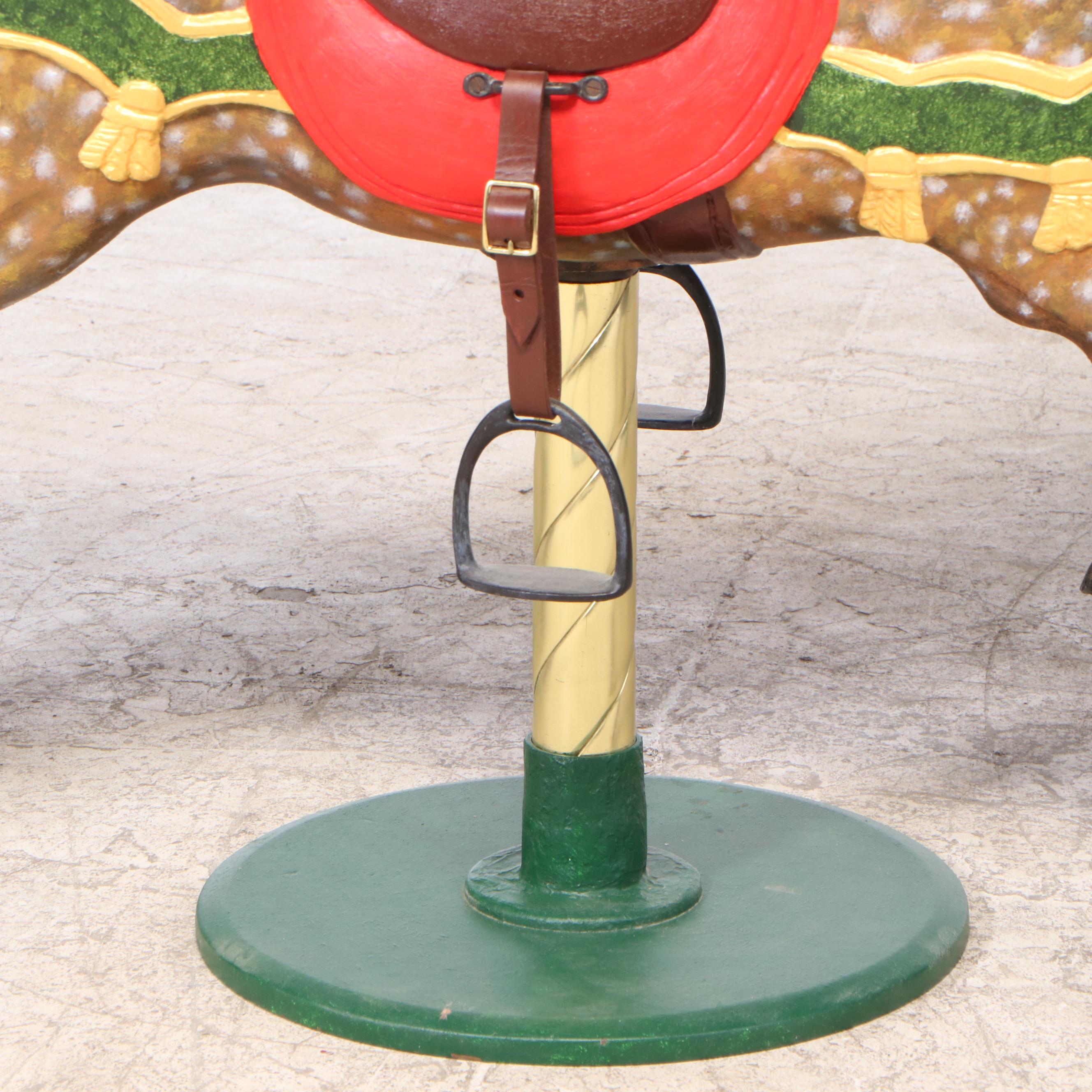 Carved and Painted Wooden Carousel Horse on Brass Pole Stand
