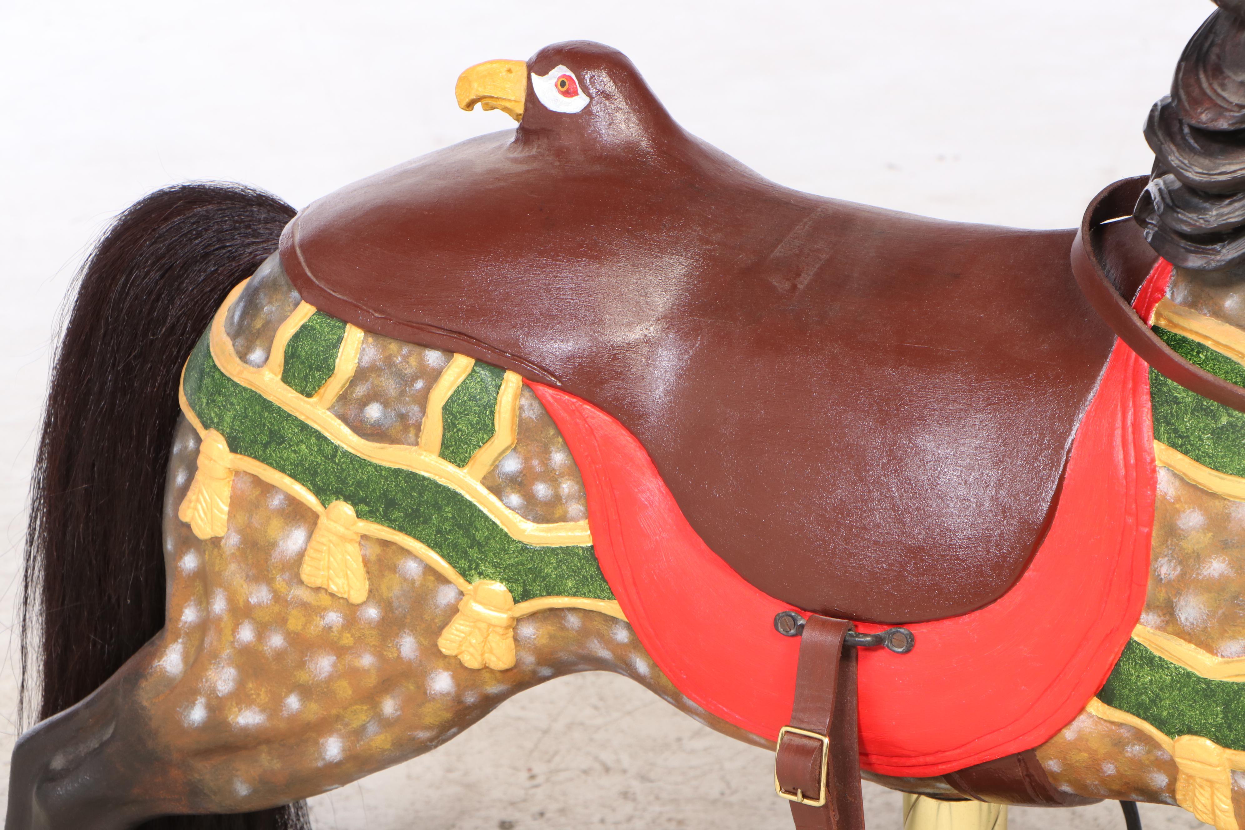 Carved and Painted Wooden Carousel Horse on Brass Pole Stand