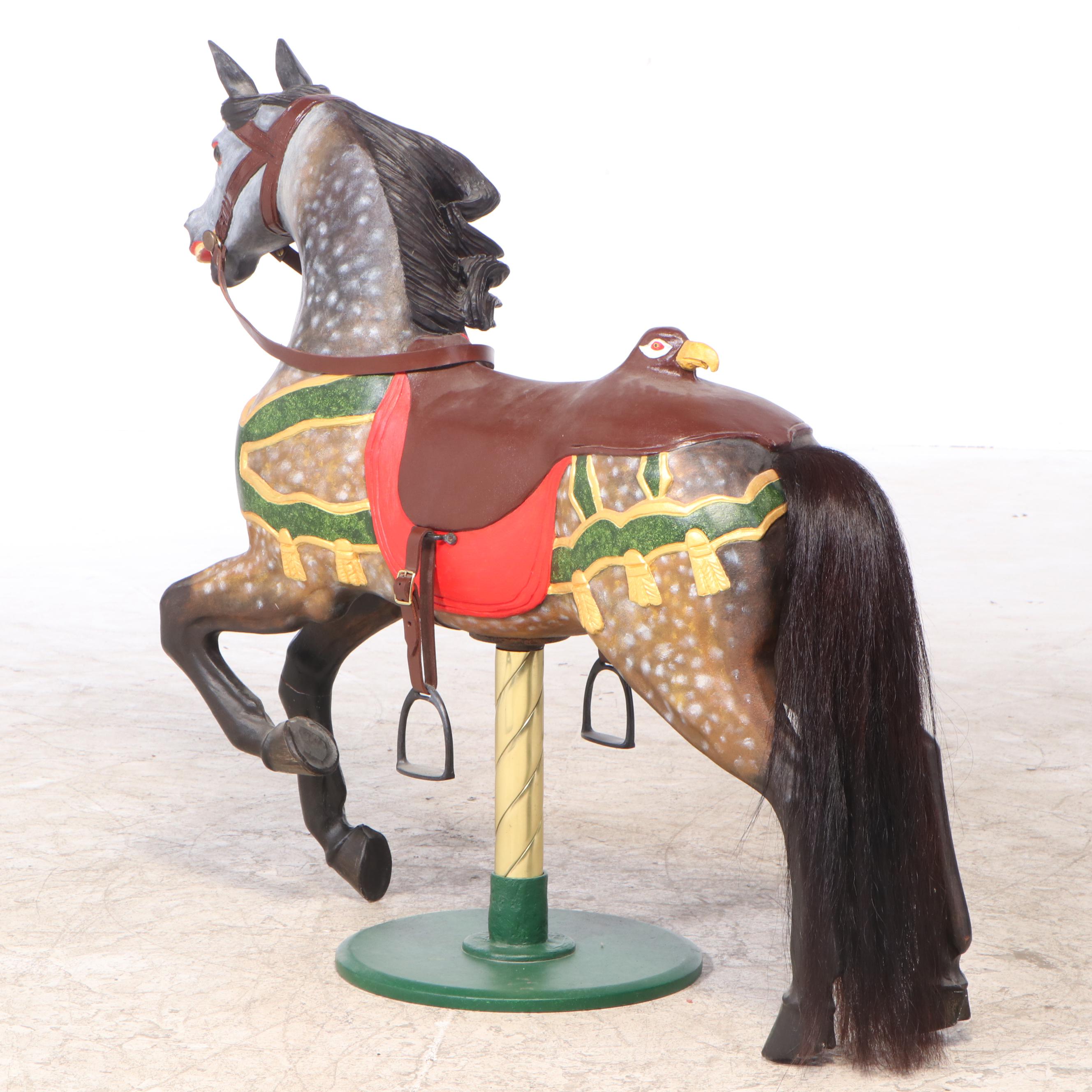 Carved and Painted Wooden Carousel Horse on Brass Pole Stand