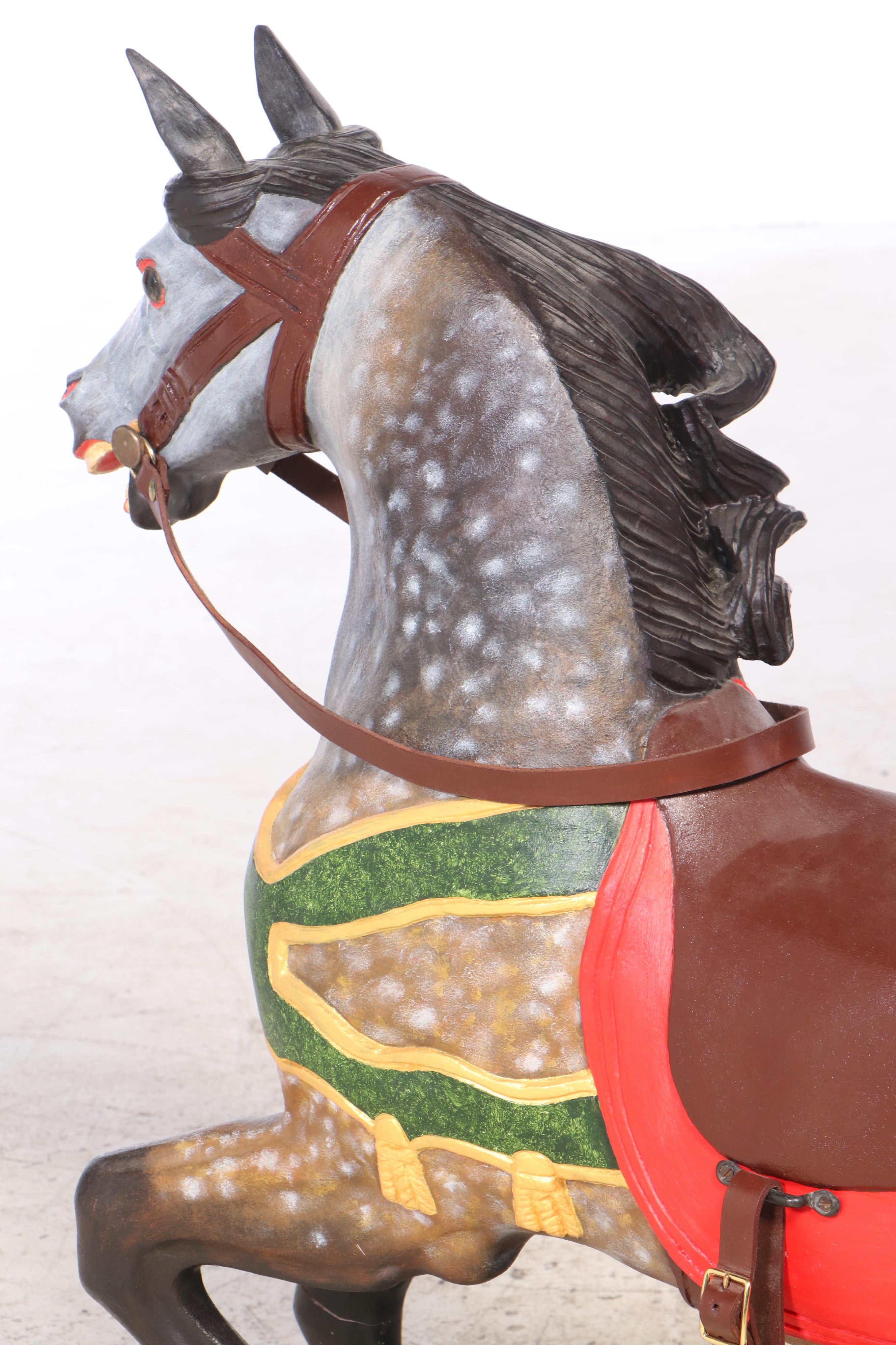Carved and Painted Wooden Carousel Horse on Brass Pole Stand