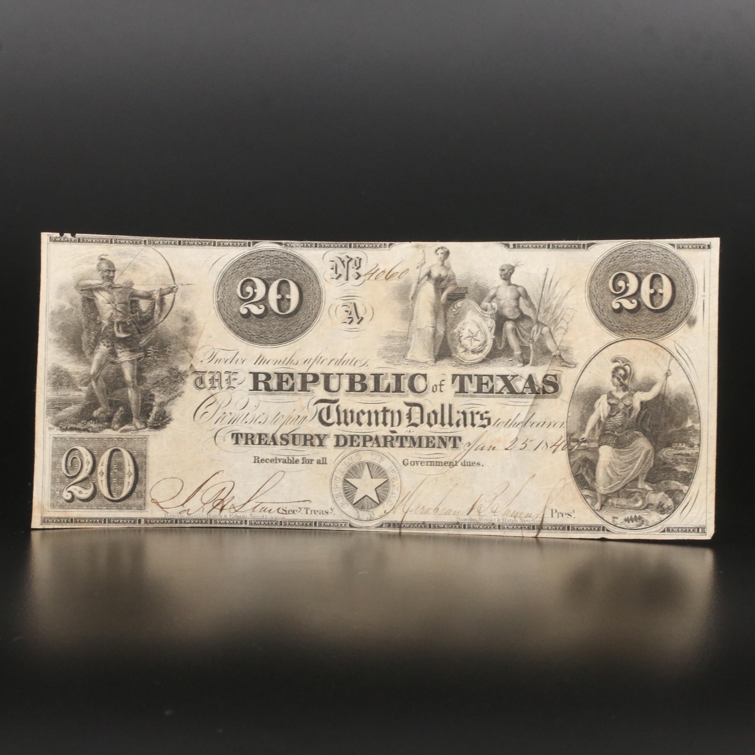 1840 $20 "Redback" Republic of Texas Obsolete Currency Note