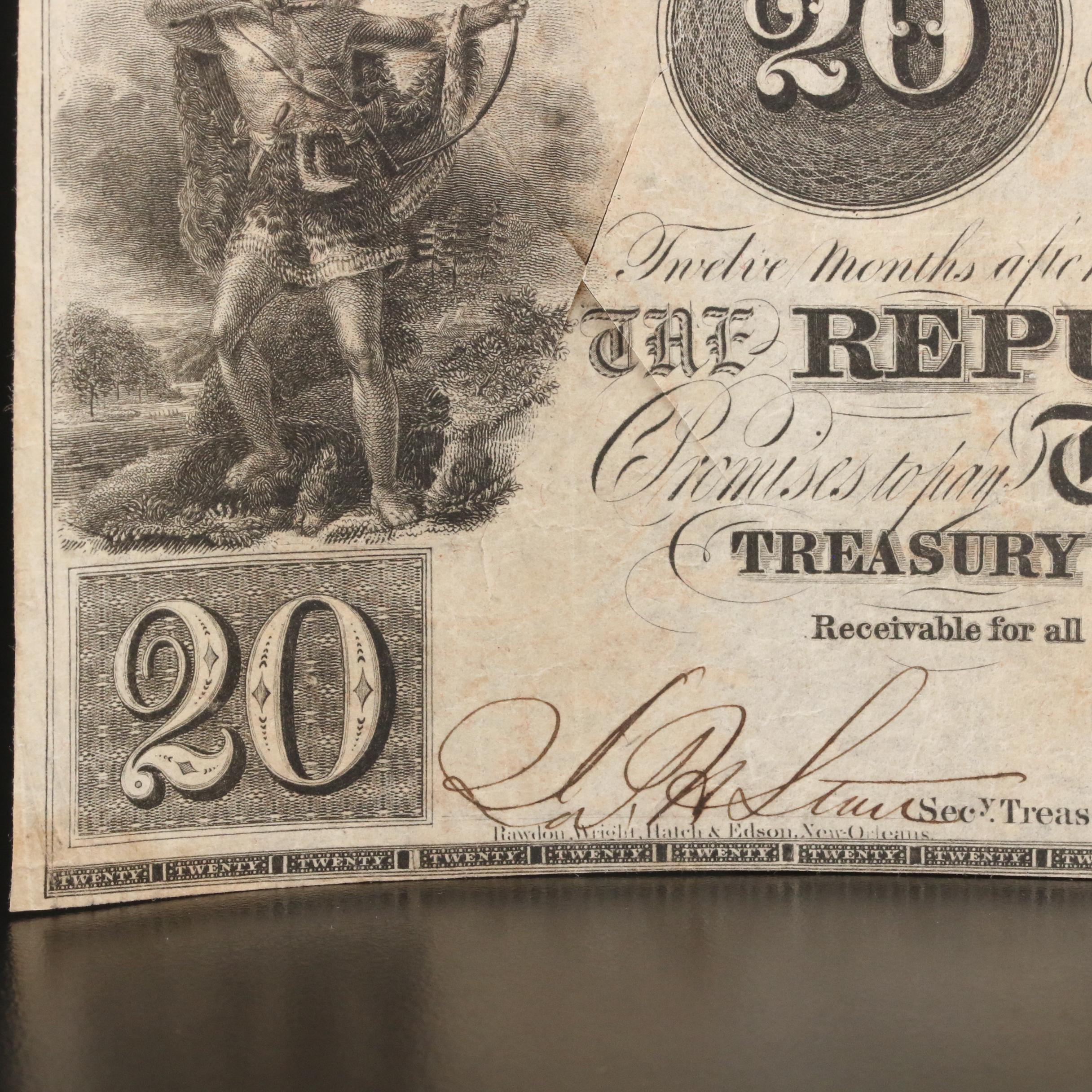 1840 $20 "Redback" Republic of Texas Obsolete Currency Note
