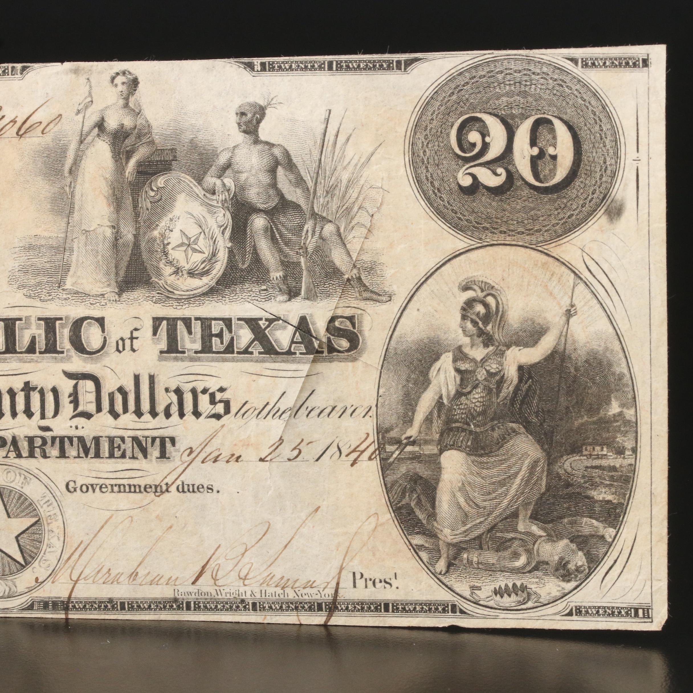 1840 $20 "Redback" Republic of Texas Obsolete Currency Note