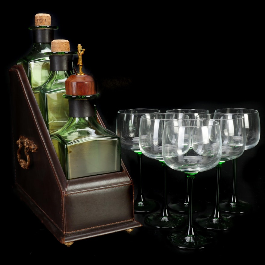 Green Glass Decanters with Leather Stepped Case and Red Wine Glasses