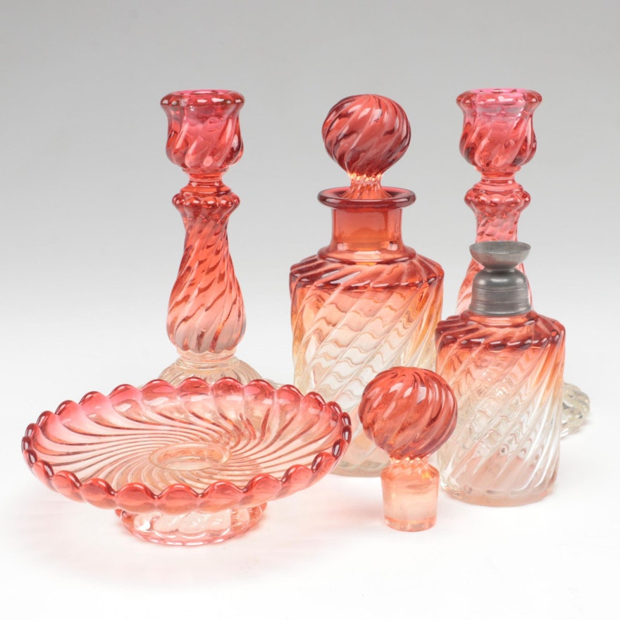 Baccarat "Swirl Rose" Glass Candlesticks with Other French Swirl Rose Glass