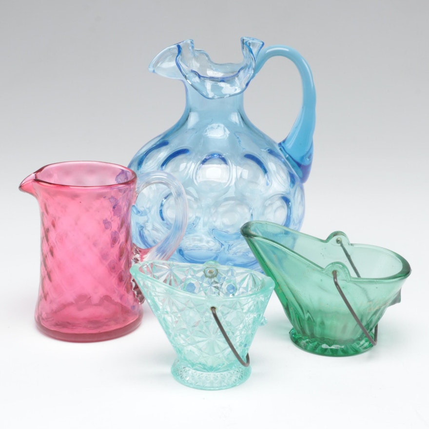 Dot Optic Pitcher with Swirl Optic Cranberry Creamer and Glass Coal Scuttles