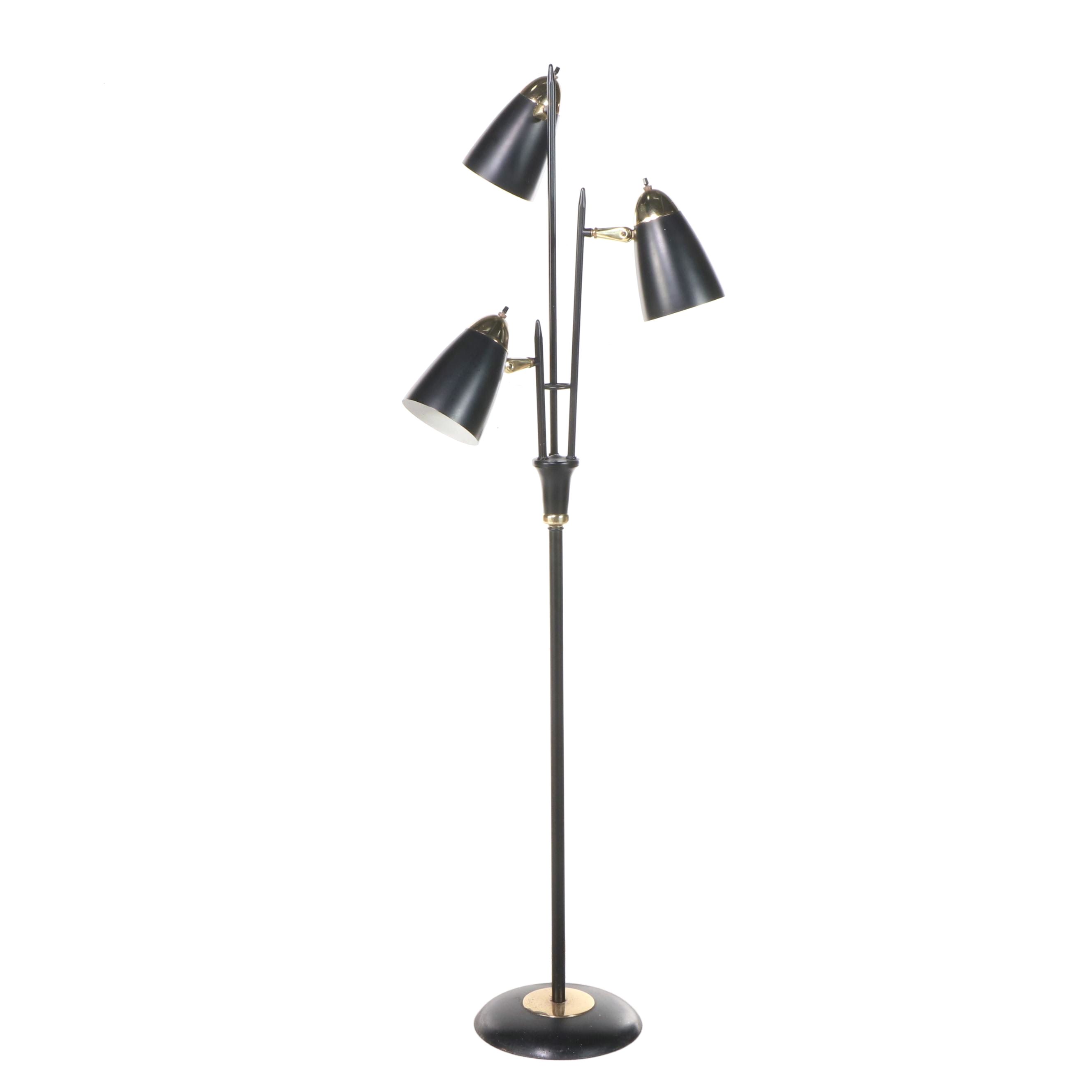 Mid Century Modern Black and Brass Three-Arm Floor Lamp, Mid-20th C