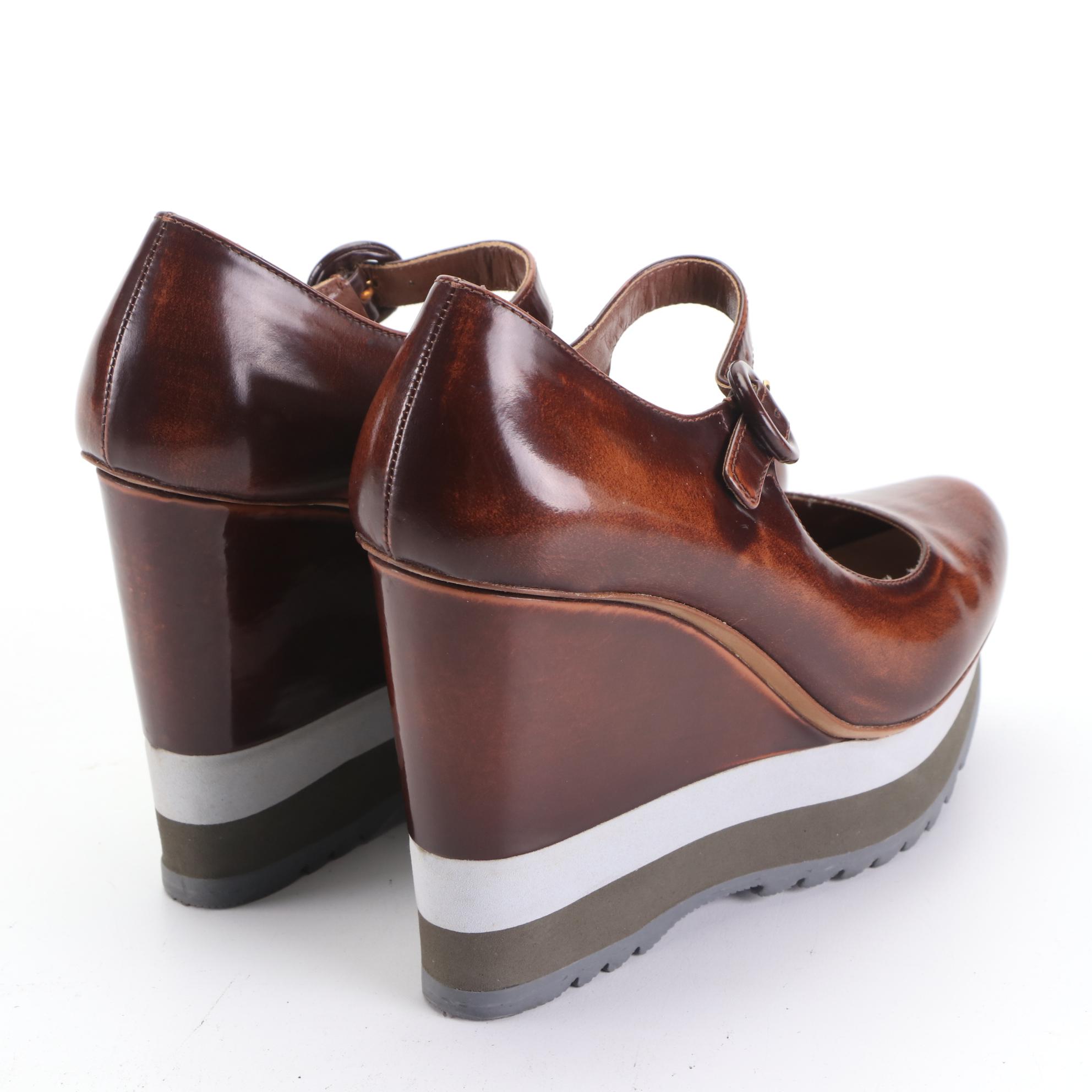 Prada Mary Jane Platform Wedges in Brown Leather