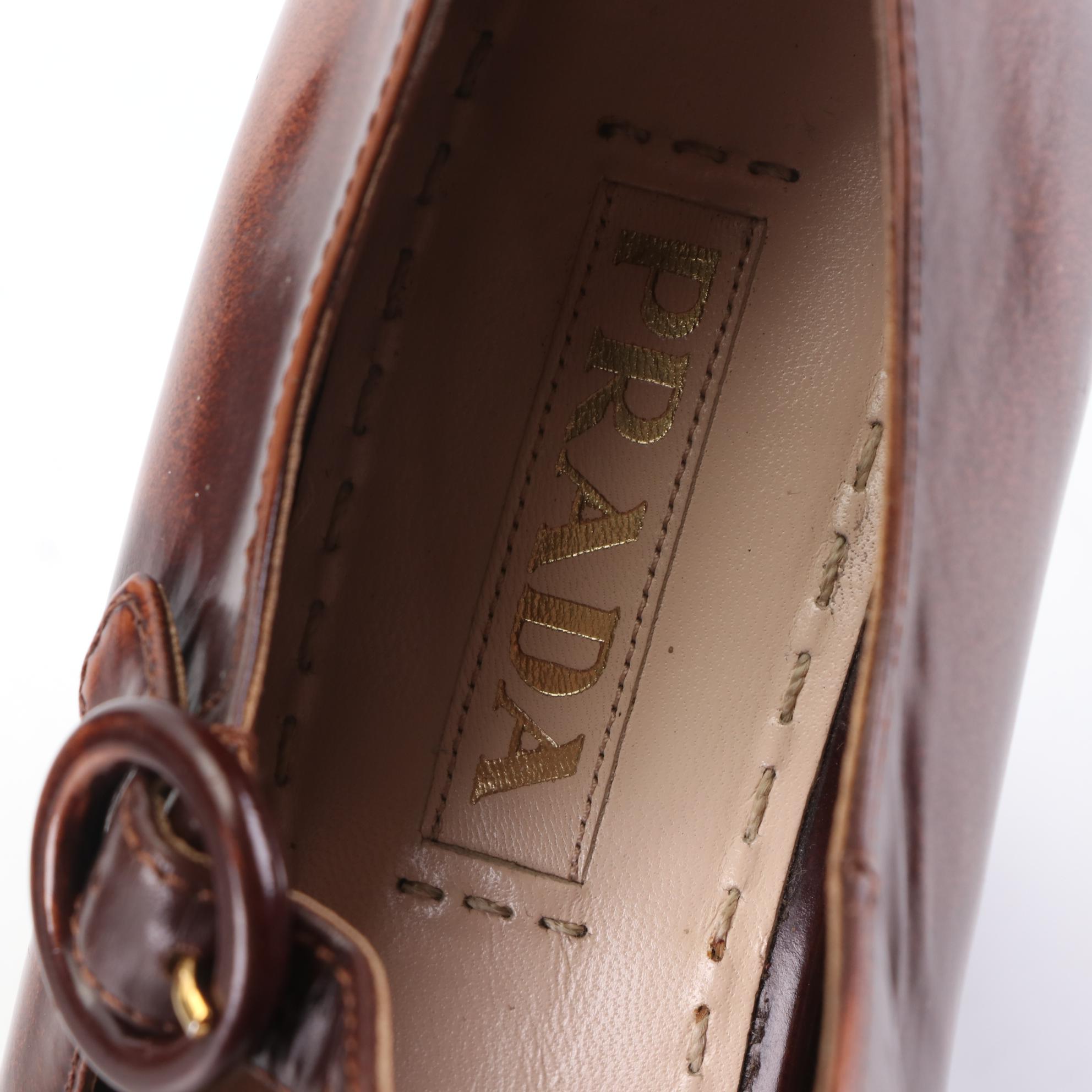 Prada Mary Jane Platform Wedges in Brown Leather