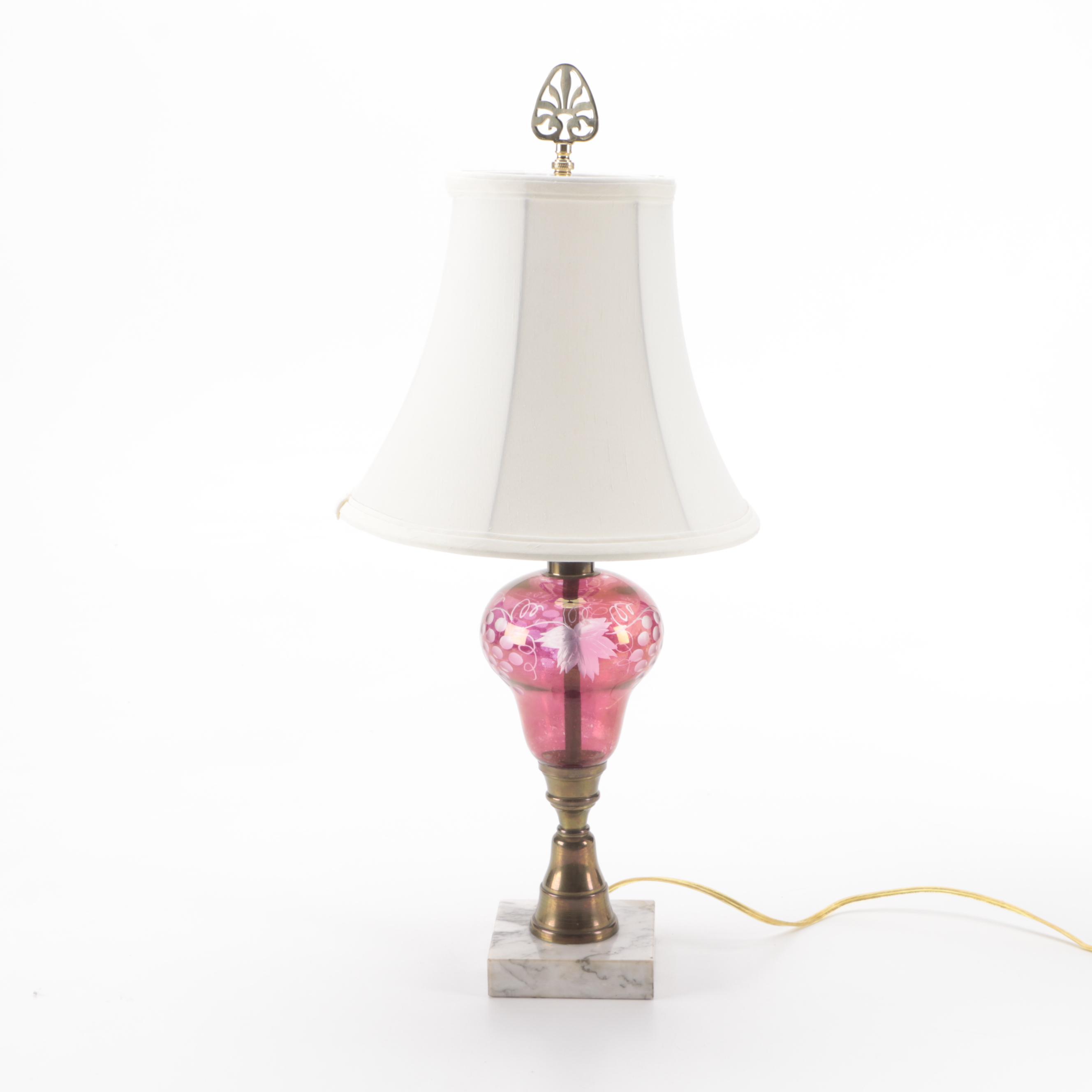 Etched Cranberry Glass Table Lamp with Pair of Gilt Framed Accent Mirrors