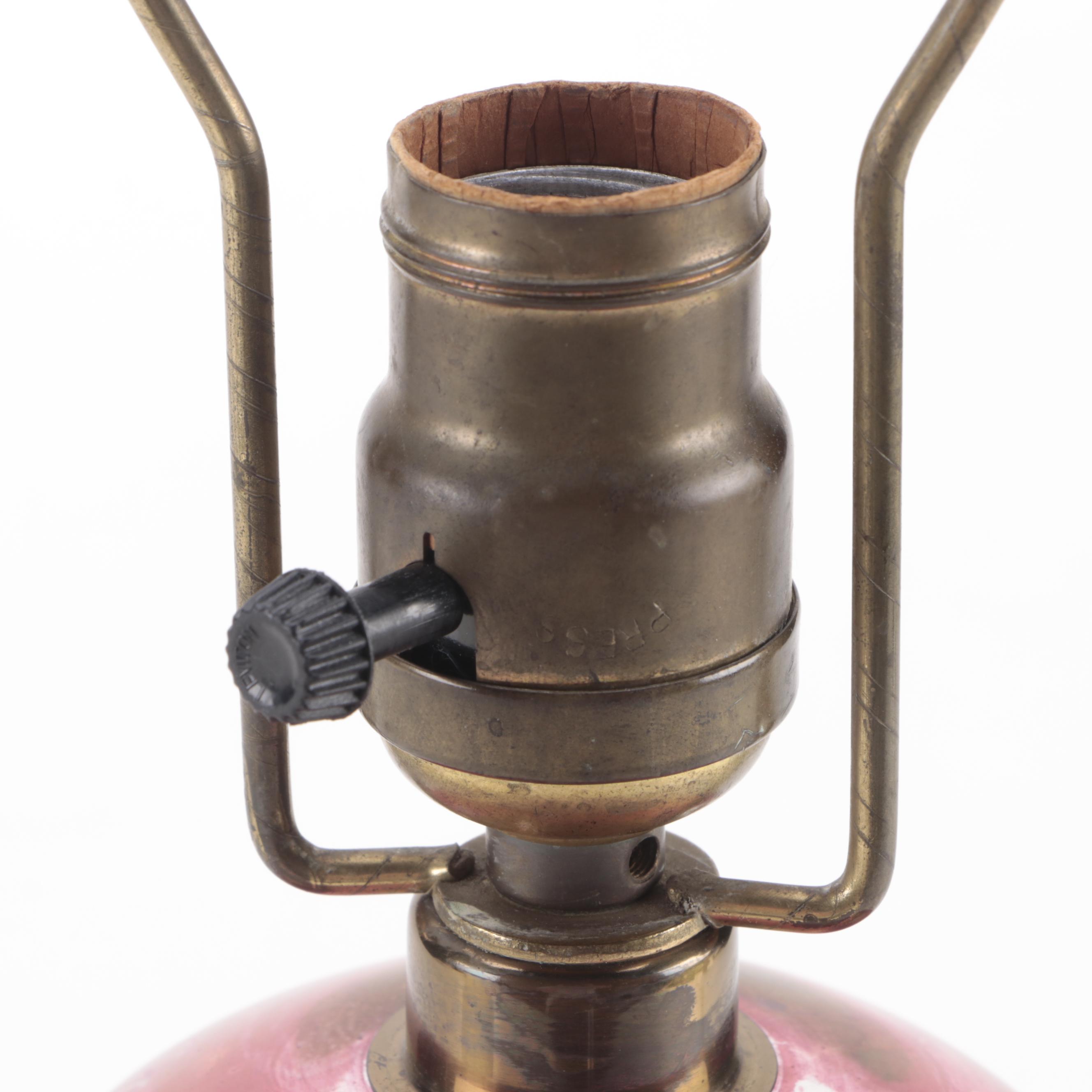 Etched Cranberry Glass Table Lamp with Pair of Gilt Framed Accent Mirrors