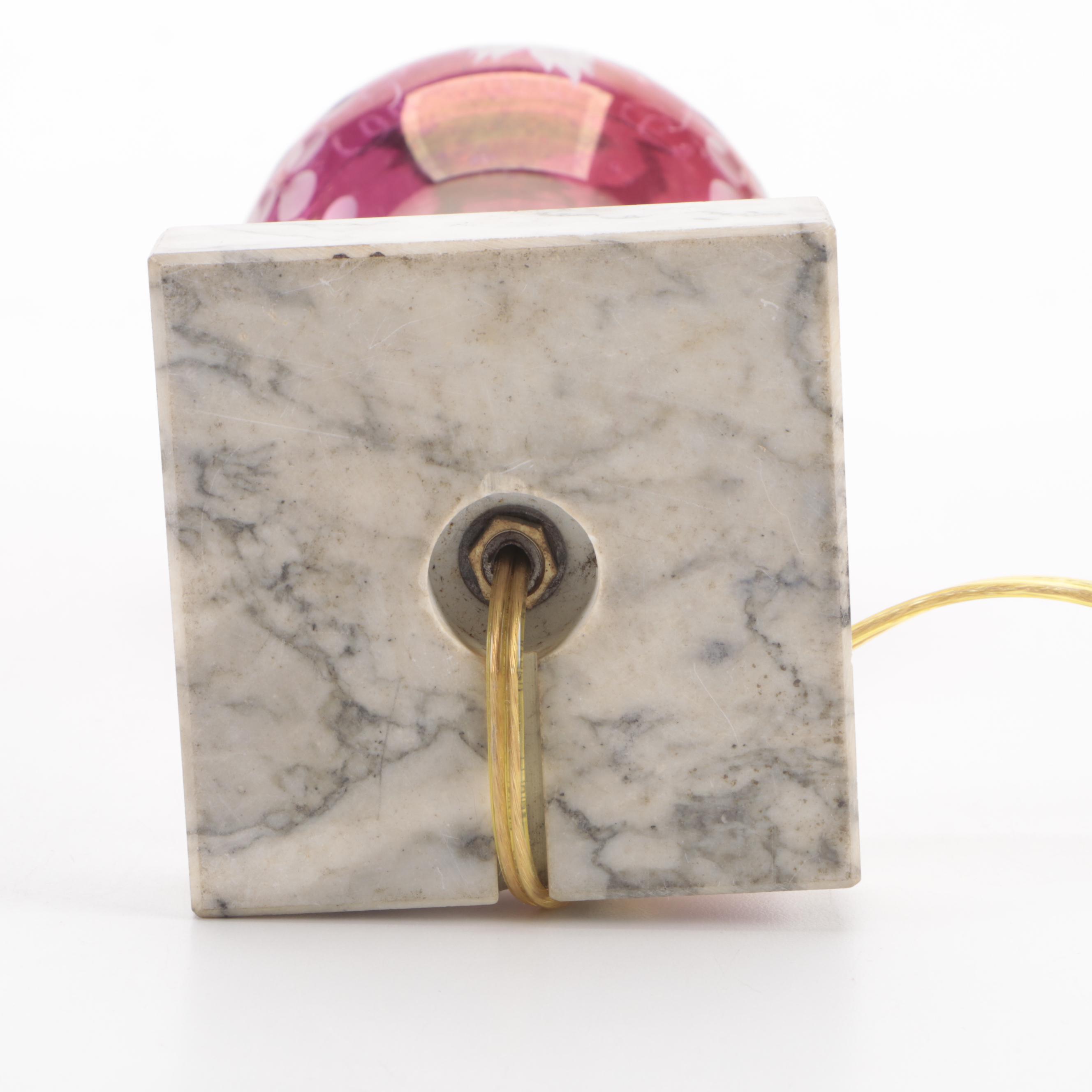 Etched Cranberry Glass Table Lamp with Pair of Gilt Framed Accent Mirrors