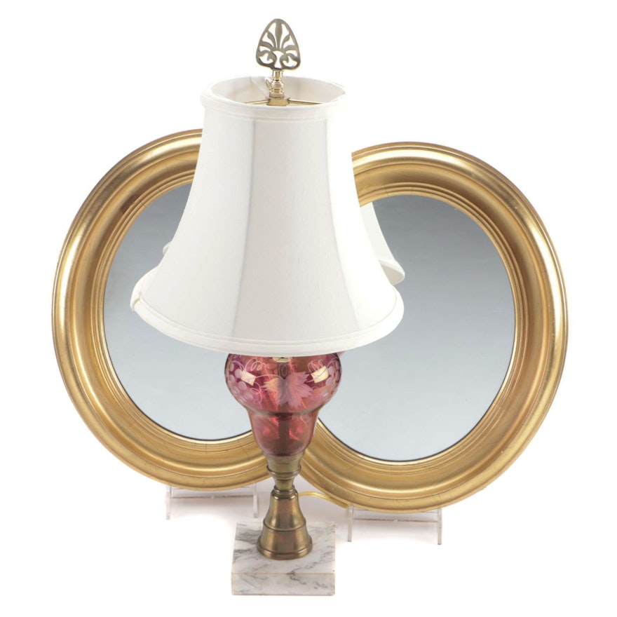 Etched Cranberry Glass Table Lamp with Pair of Gilt Framed Accent Mirrors