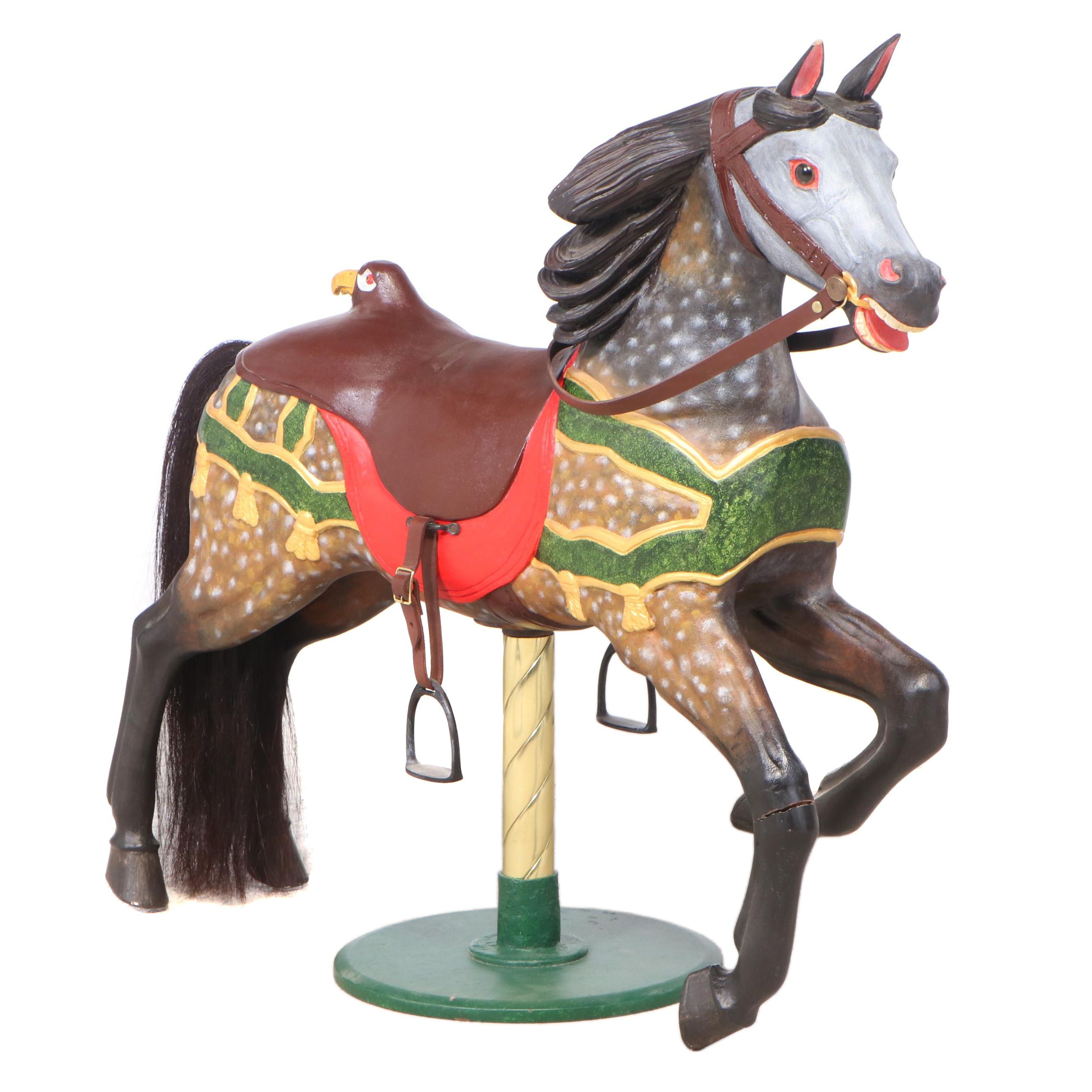 Carved and Painted Wooden Carousel Horse on Brass Pole Stand