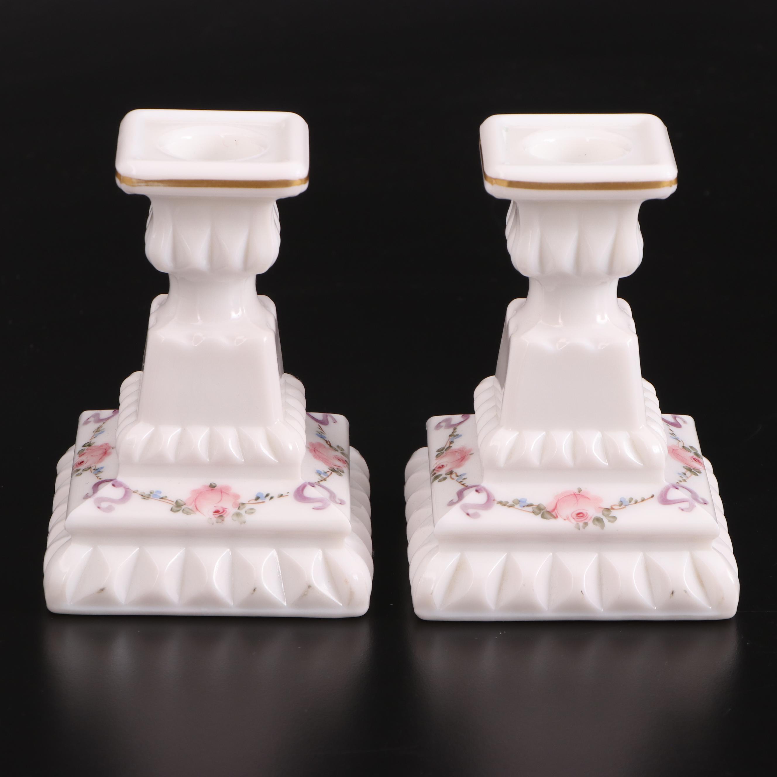 Westmoreland "Roses and Bows" Milk Glass Candlesticks and "Paneled Grape" Box