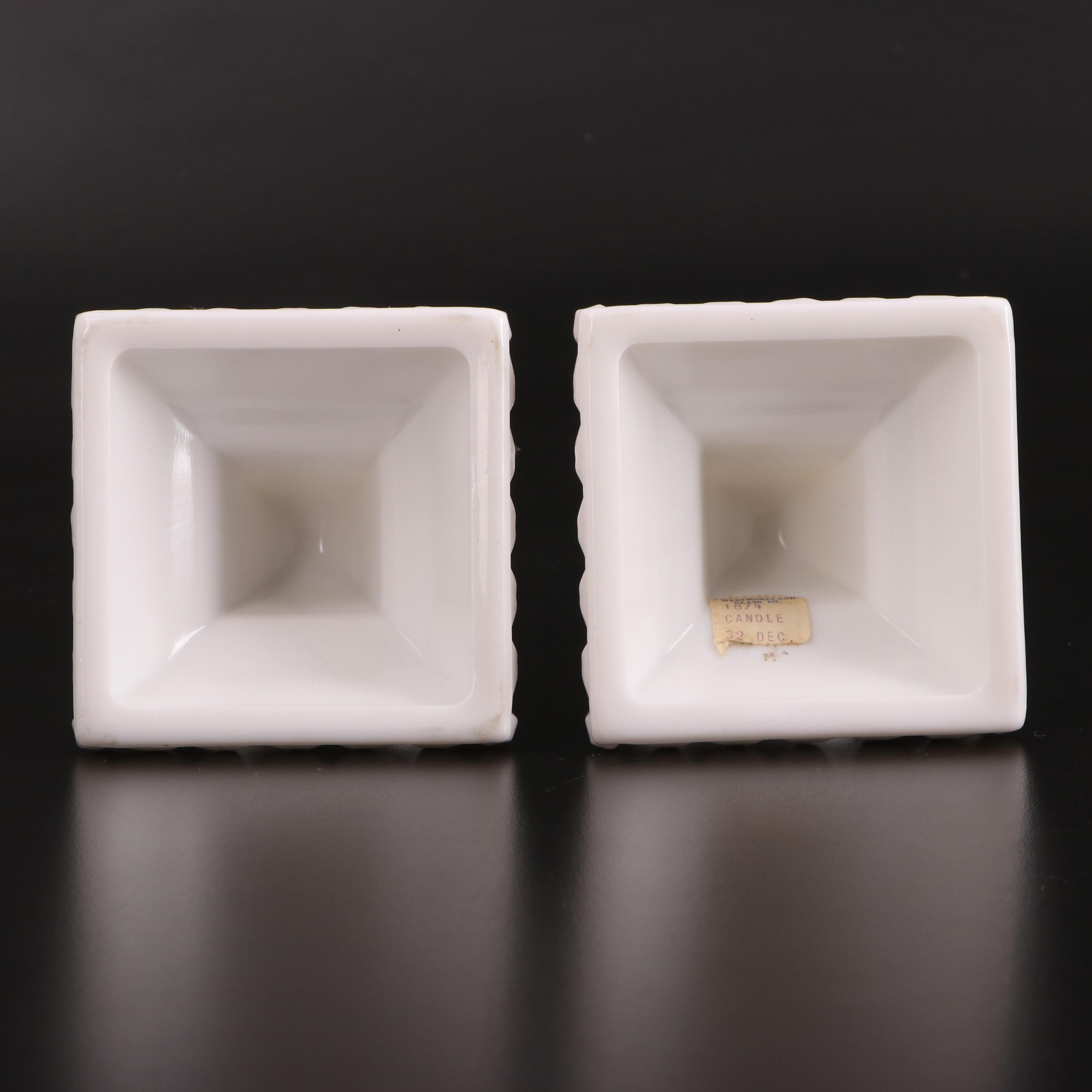 Westmoreland "Roses and Bows" Milk Glass Candlesticks and "Paneled Grape" Box
