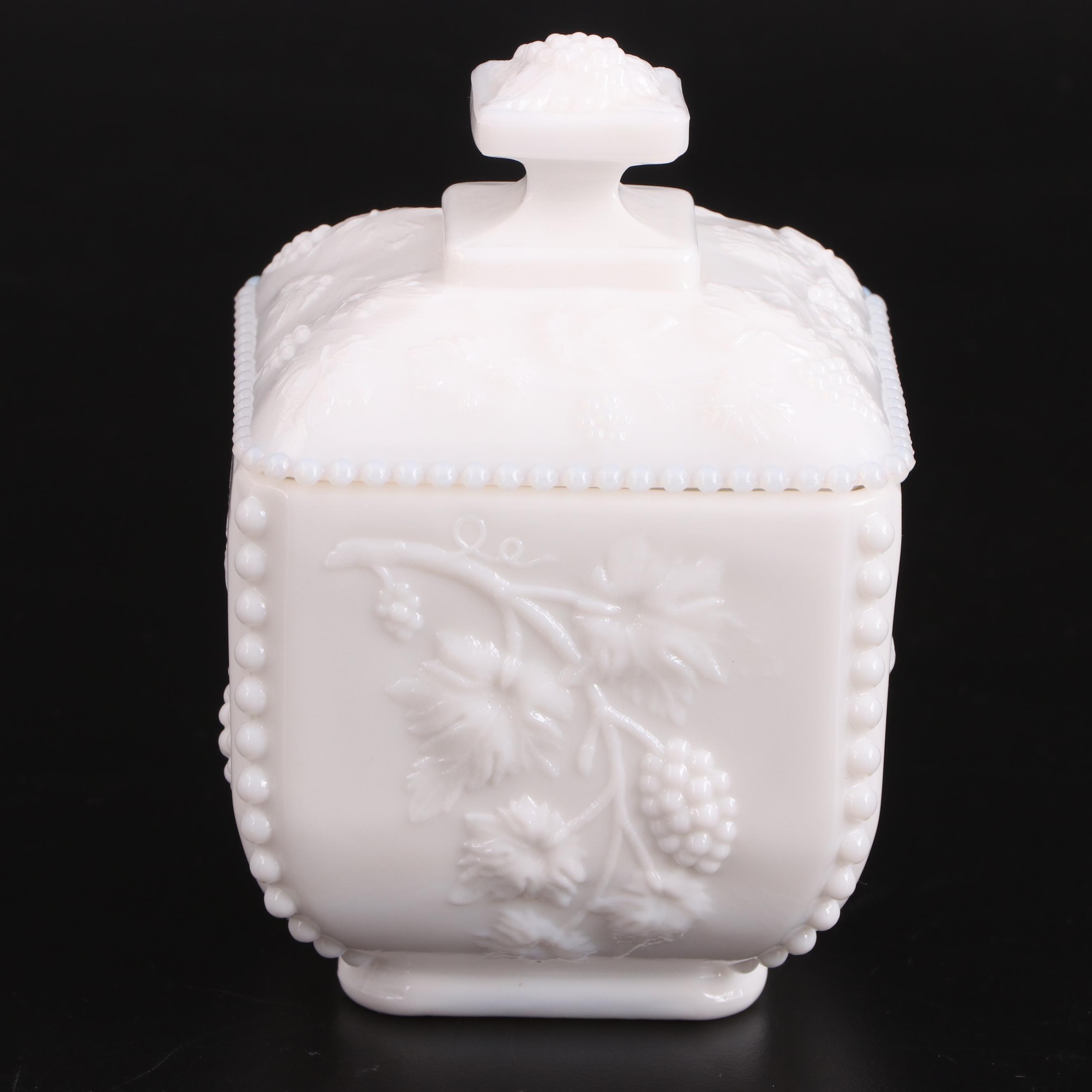 Westmoreland "Roses and Bows" Milk Glass Candlesticks and "Paneled Grape" Box