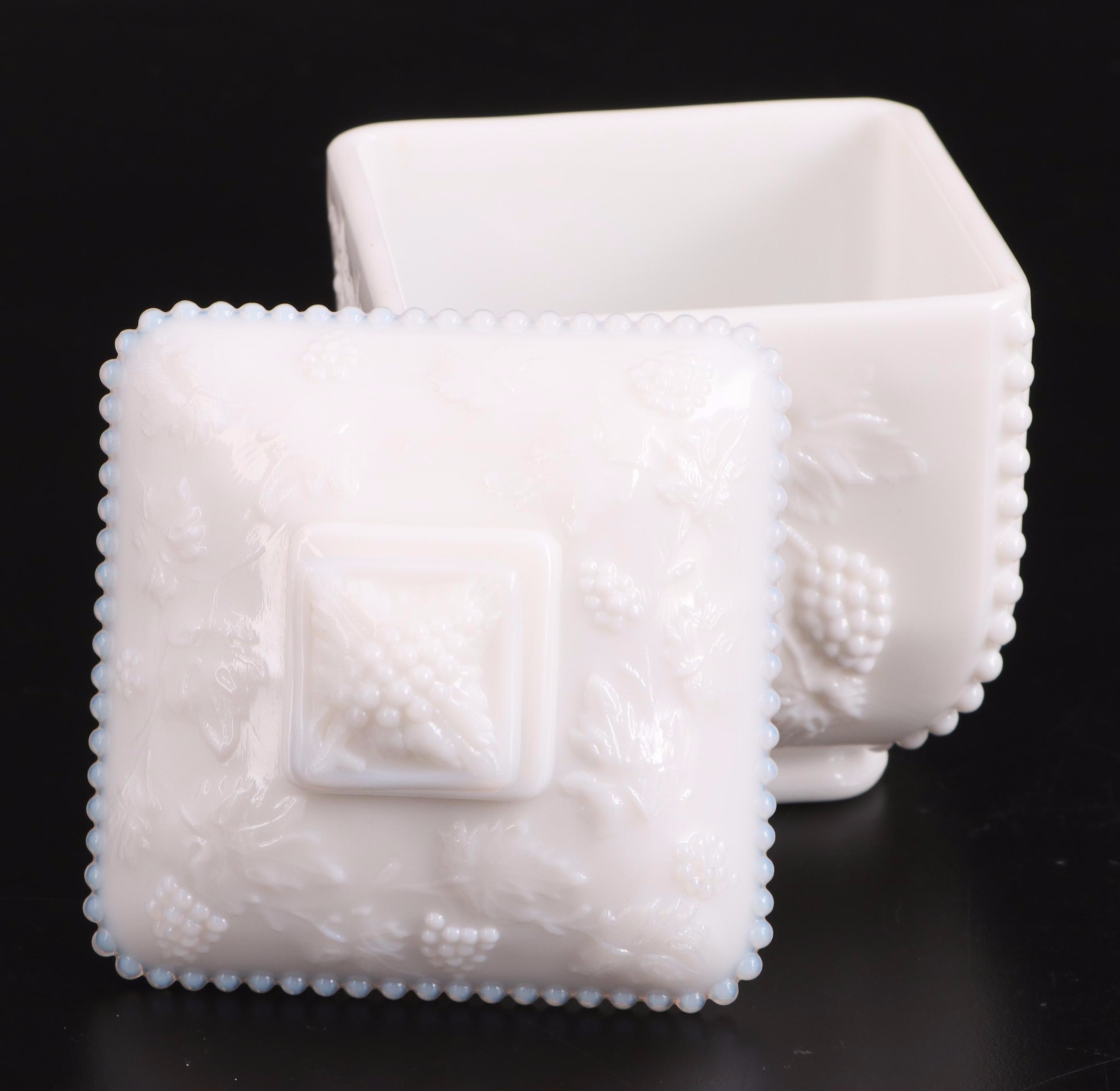 Westmoreland "Roses and Bows" Milk Glass Candlesticks and "Paneled Grape" Box